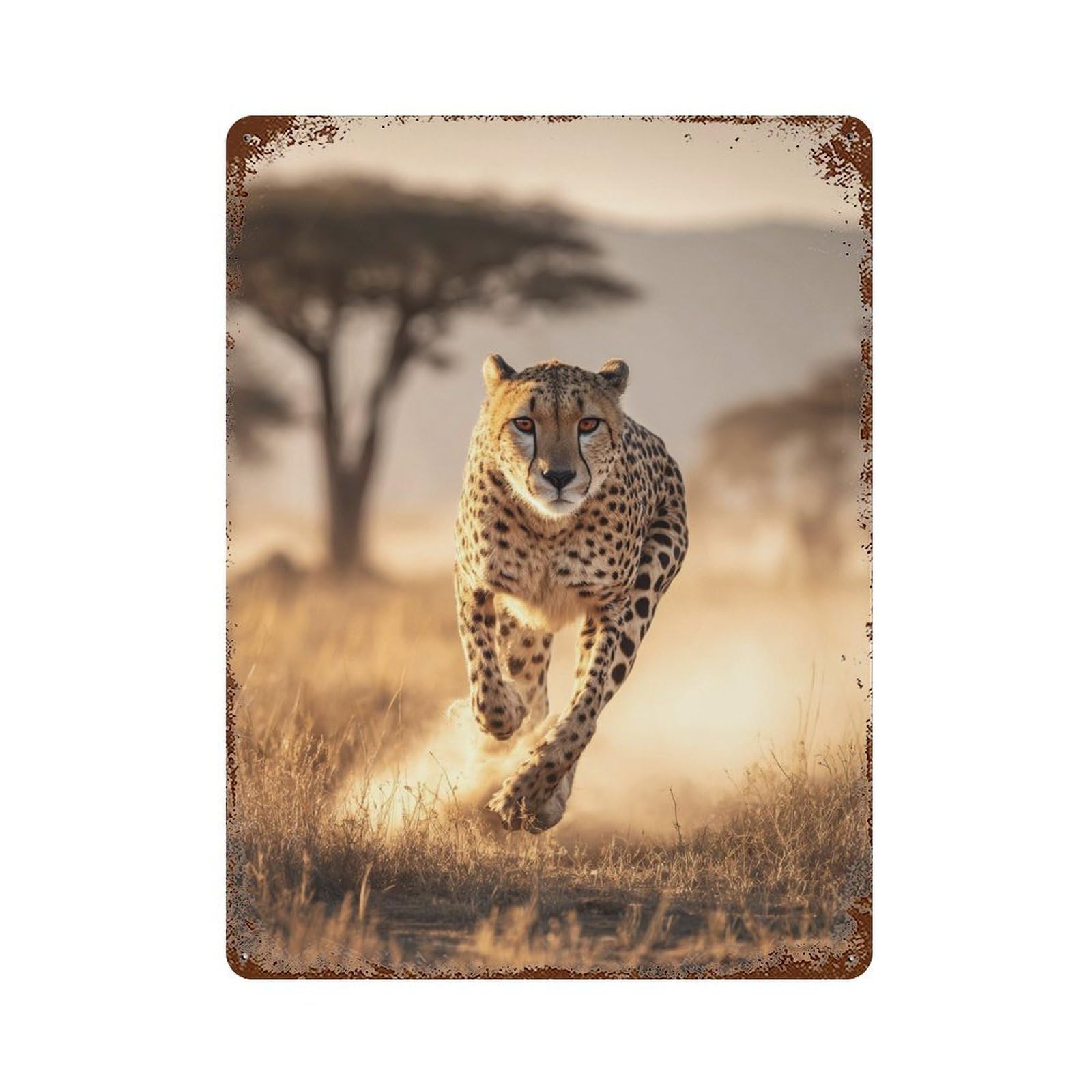 Cheetah Running in Savannah Vintage Rust Metal Sign 15.7"x11.8", for Garage, Bar And Workshop Decor, Decorative Metal Wall Art
