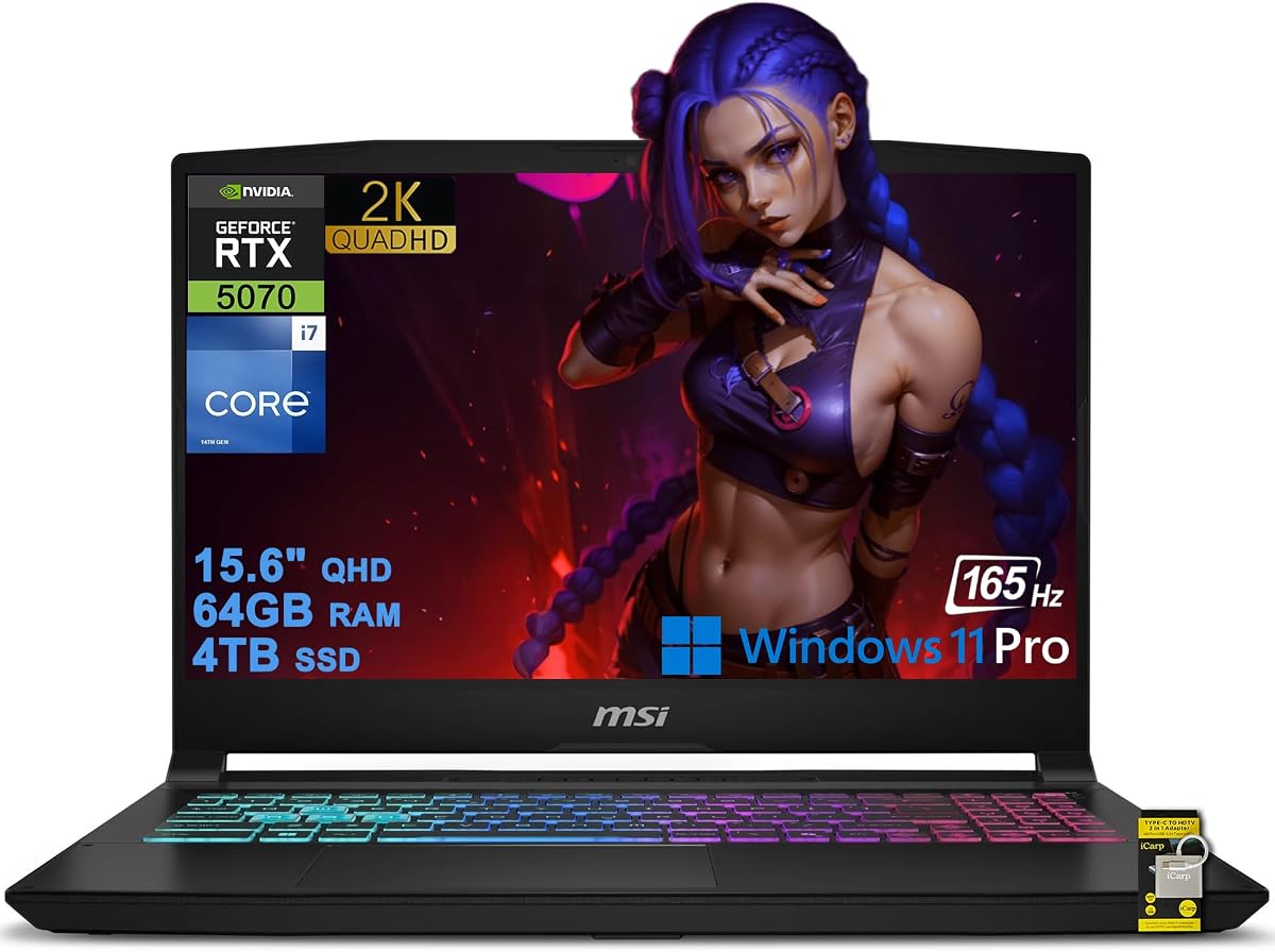 Computadora portátil para juegos msi Katana 15 HX 15.6" QHD 165Hz 100% DCI-P3 Intel 16-core i7-14650HX (>i9-12900H) 64GB DDR5 4TB SSD GeForce RTX 5070 DLSS4 (hasta 798 tapas AI) RGB retroiluminado Type-C Win11Pro ICP Hub