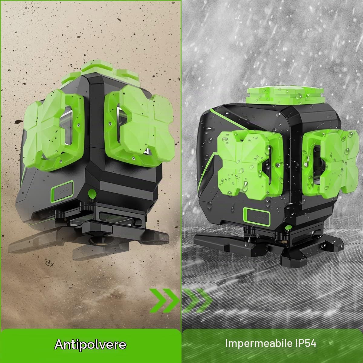 Livella laser Huepar,3x360°laser raggio verde autolivellante,S03DG-L | Livella laser terra con linee verticali orizzontali commutabili,dotata batteria agli ioni litio e base magnetica girevole