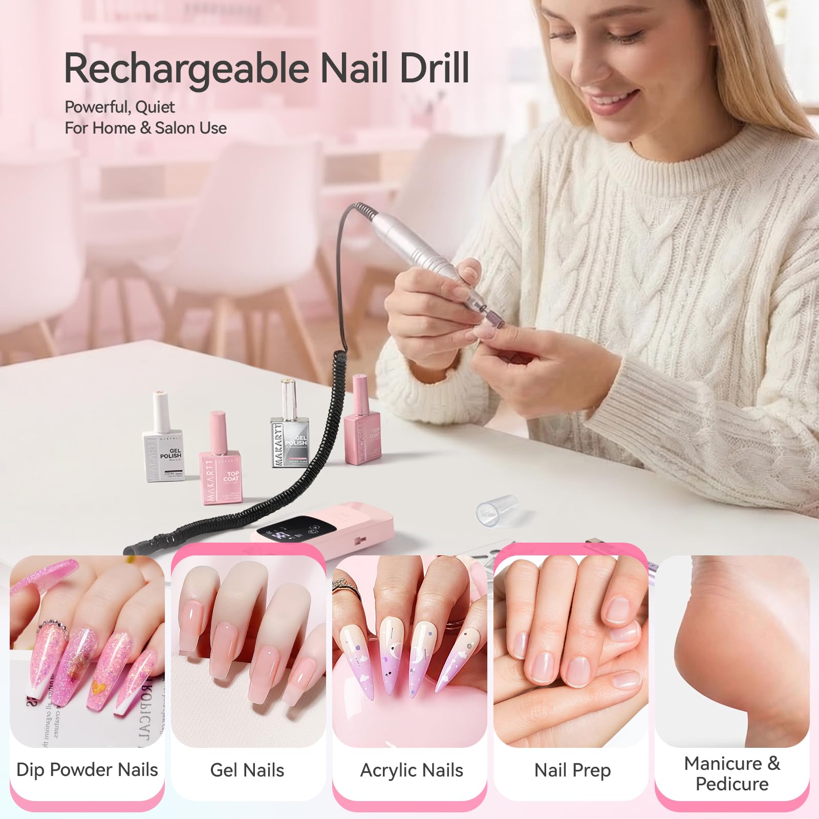 Makartt Nagelfräser – Wiederaufladbarer Professionell Fräser Nägel mit 35000 U/min, Elektrische Nagelfeile Set und E-Feile für Acryl- Tauchpulver- und Gel-Nagellack, Leise Leicht und Tragbar
