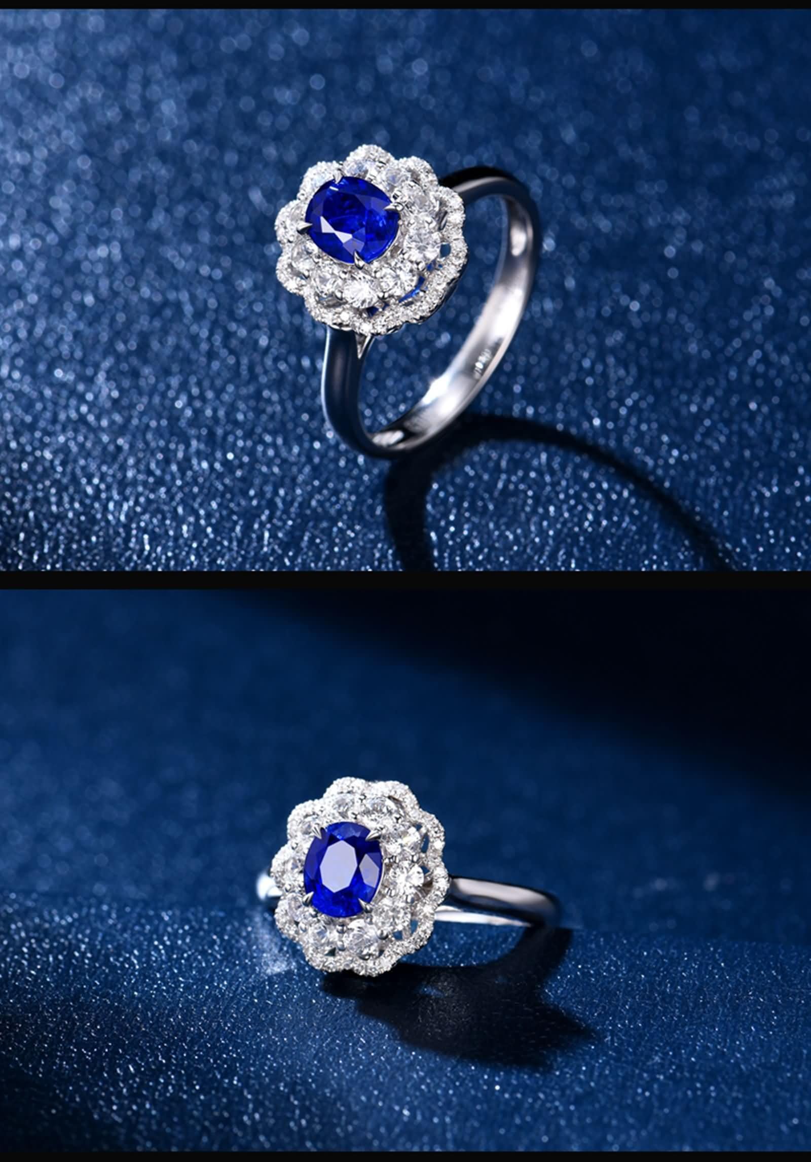 Obrączki ślubne damskie 9K / 14K / 18K / 18K, kwiat i 4 owalne szczęki z szafirem 1,07ct i diamentem, srebrne niebieskie pierścionki zaręczynowe dla kobiet