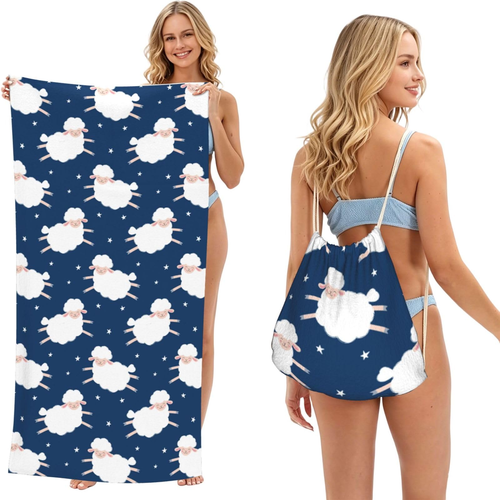 Poadnly As Picture Sheep On A Starry Sky, 2 In 1 Packable Towel Bag, Beach Towels With Drawstring Backpack For Travel Holiday Camping