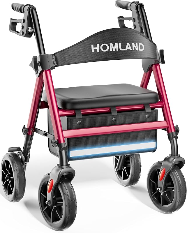HOMLAND Foldable Walker for Seniors with Seat, 17lb Lightweight, Ergonomic | 350lb Capacity, 8" All-Terrain Wheels, Adjustable Height, Easy to Assemble, Ergonomic Seat, Lightweight Aluminum Frame, Red