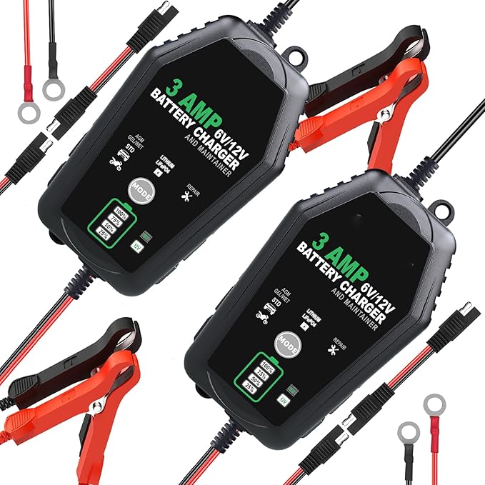 2 [Pack] 6V 12V Battery Charger Maintainer, 3-Amp Fully Automatic 6 Volt 12 Volt Lithium LiFepo4 Lead Acid Battery Trickle Charger Desulfator for Automotive,Boat,Motorcycle,Lawn Mower