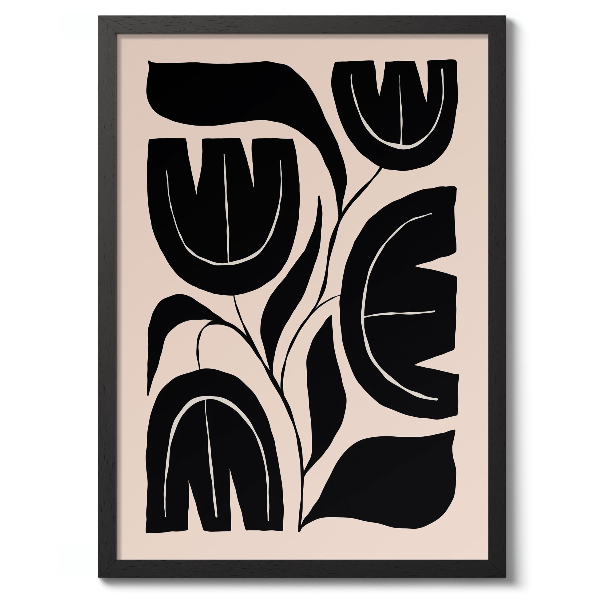 Black Cactus Black And White Abstract Poster, Geometric Minimalist Wall Art Print, Boho Home Decor Modern Living Room Artwork, Archival Matte, A3 (Black Frame) - 42x29.7cm
