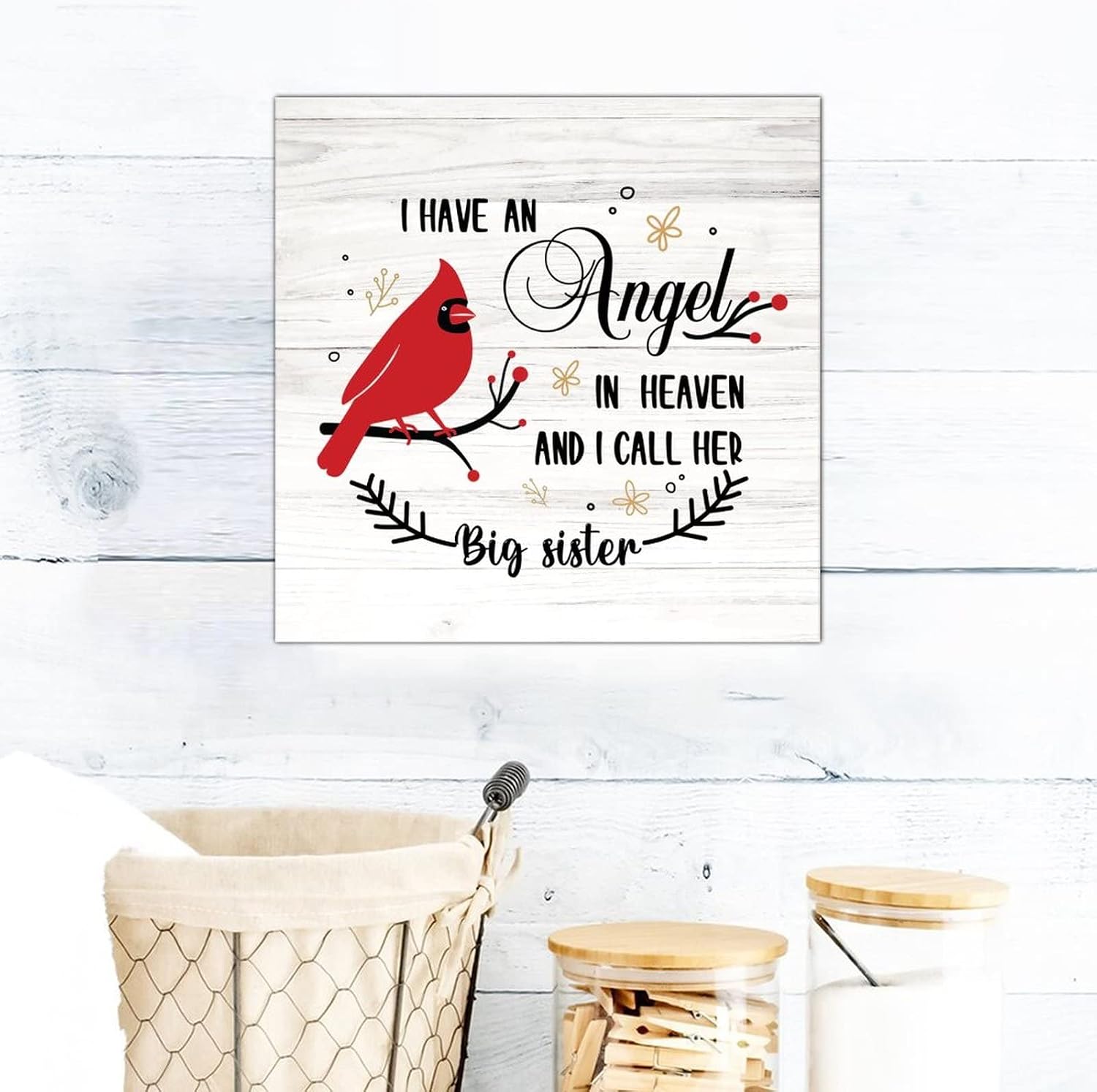 I Have Angel I Call Her Big Sister Wood Sign Vintage Christmas Red Bird Wall Art Signs Merry And Bright Wall Decor Farmhouse Rustic Wooden For Home Bedroom Living Room Bathroom 16x16in