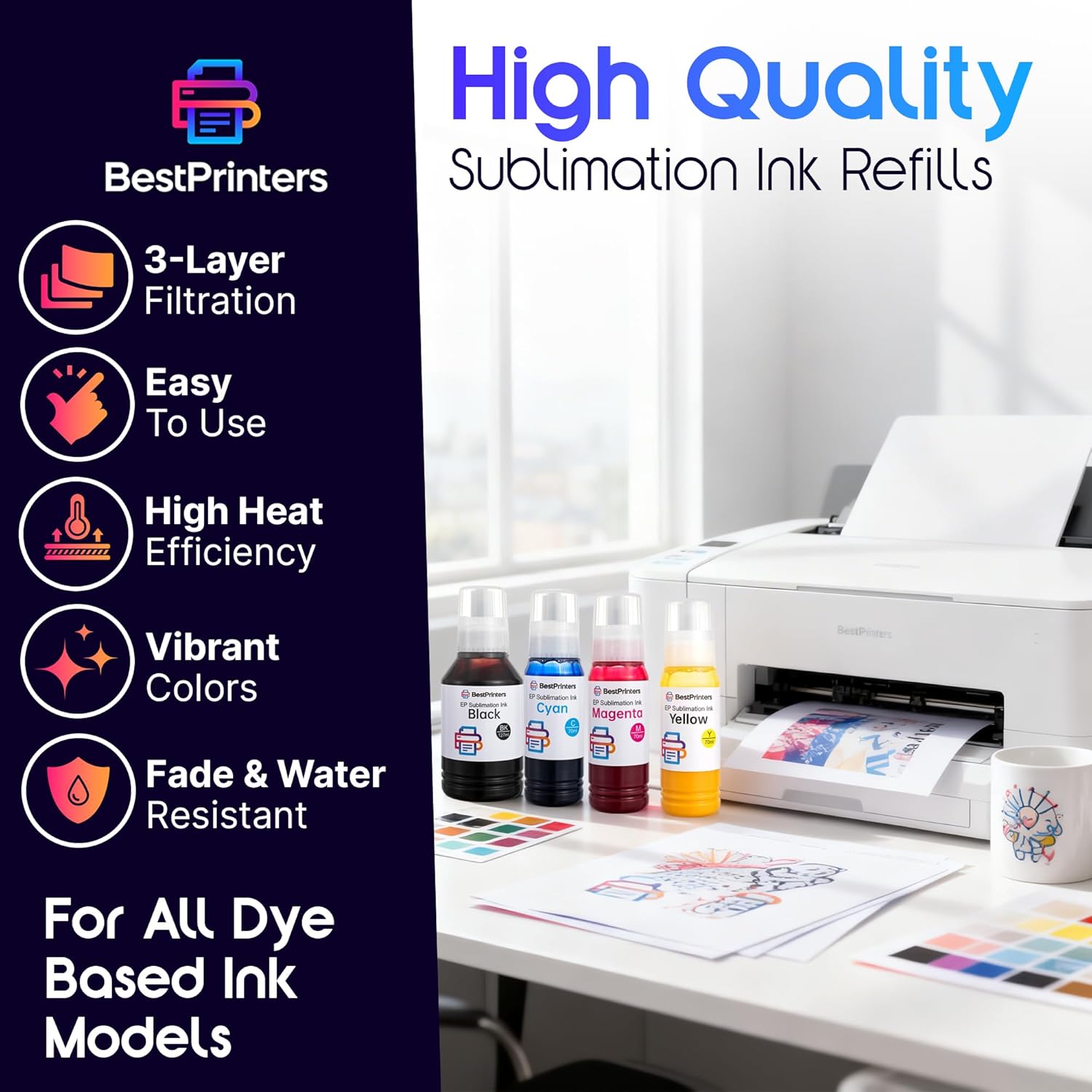 Best Printers Sublimation Ink Universal (BK) 127ml & (CMY) 70ml for All Dye Based Ink Models ET-2800 ET-2700 ET-2750 ET-4800 ET-2400 ET-15000 Heat Press Transfer on Mugs, T-Shirts, Anti-UV ICC-Free