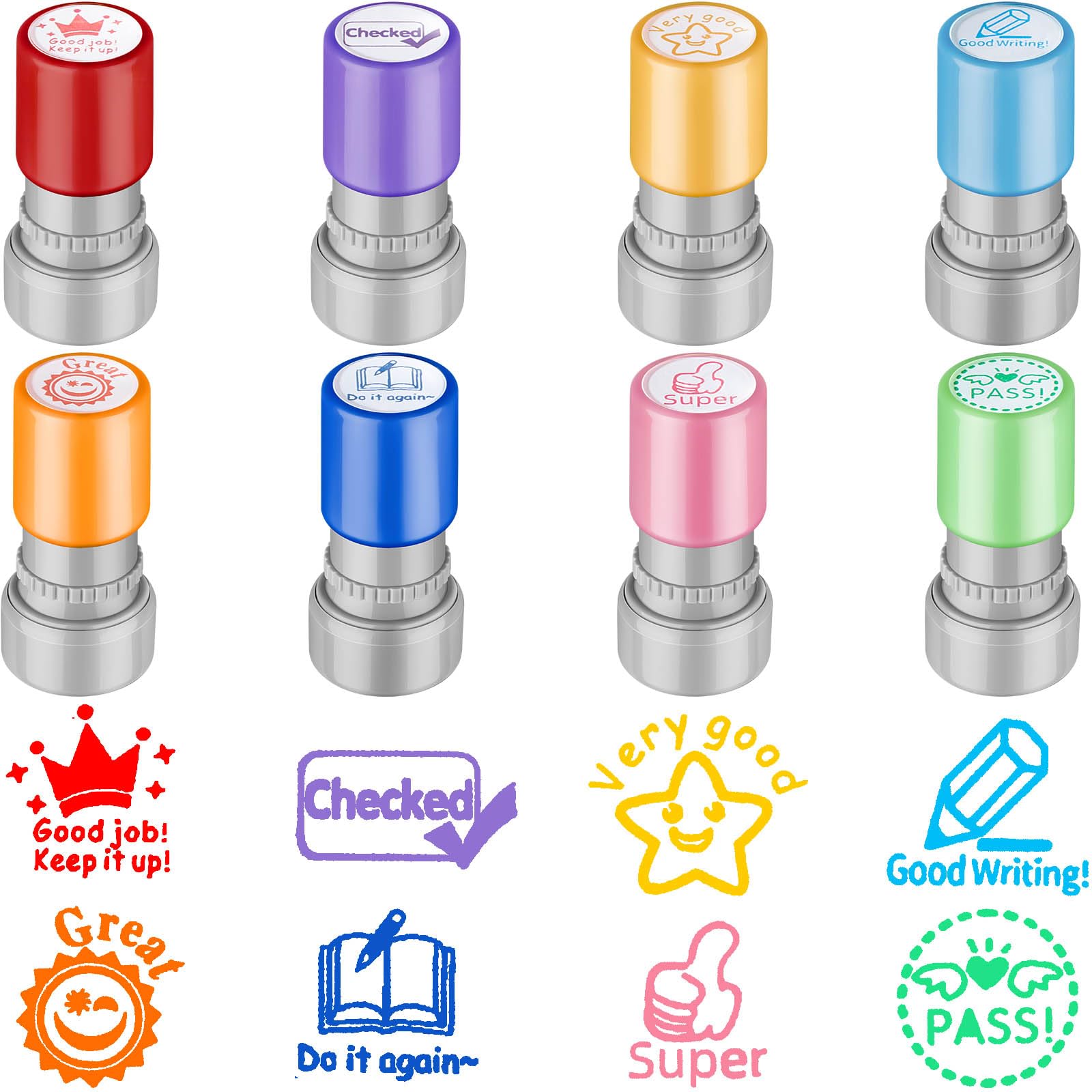 Leinuosen 8 Packs Teacher Stamps Self Inking Grading Motivational Encouraging Stamp for Teachers Appreciation Gift Classroom Homework Test Students Behavior Reward Signature Multicolor(Cute)