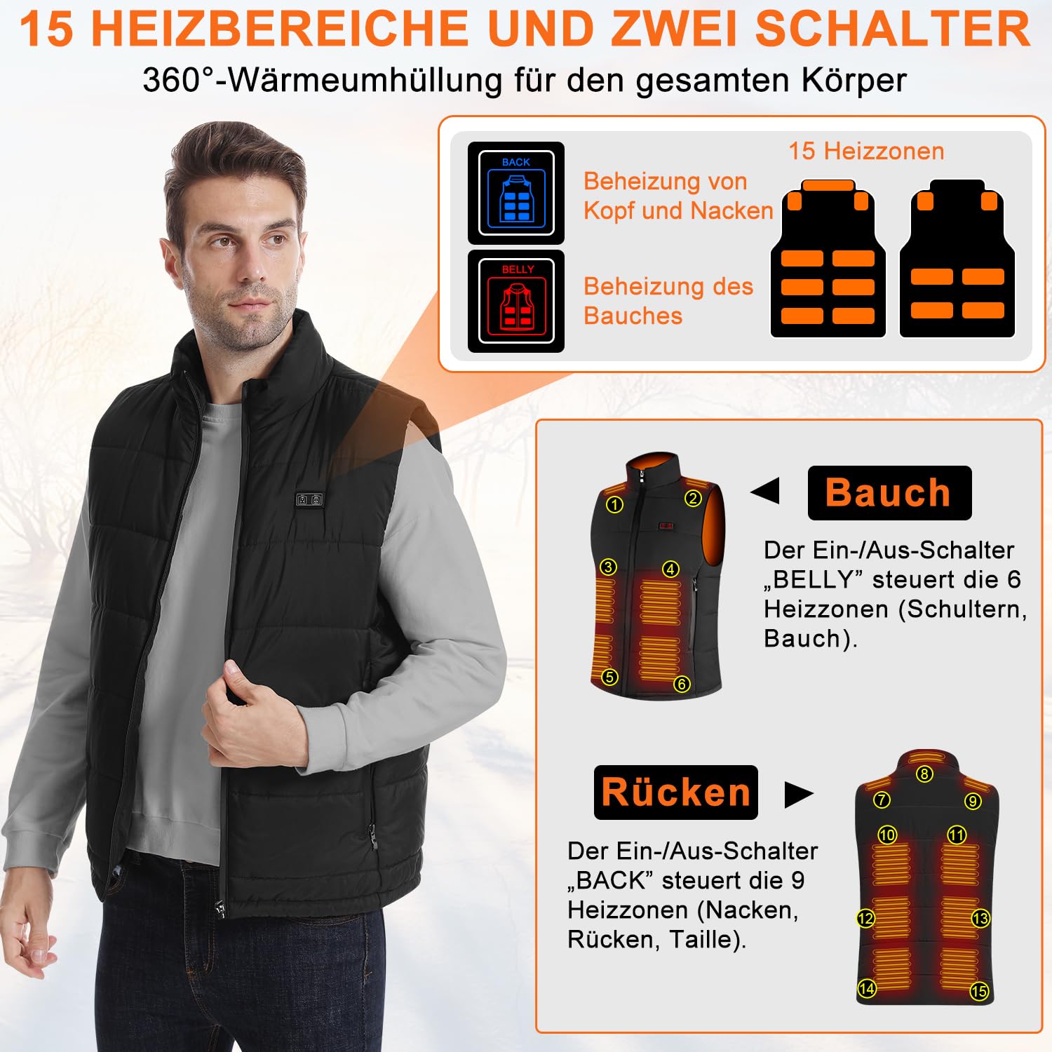 Beheizbare Weste, Beheizte Weste Herren mit 15 Heizzonen, Heizweste mit 10000mah Akku, Doppelschalter Beheizbare Jacke für Outdoor Arbeit Skifahren Camping