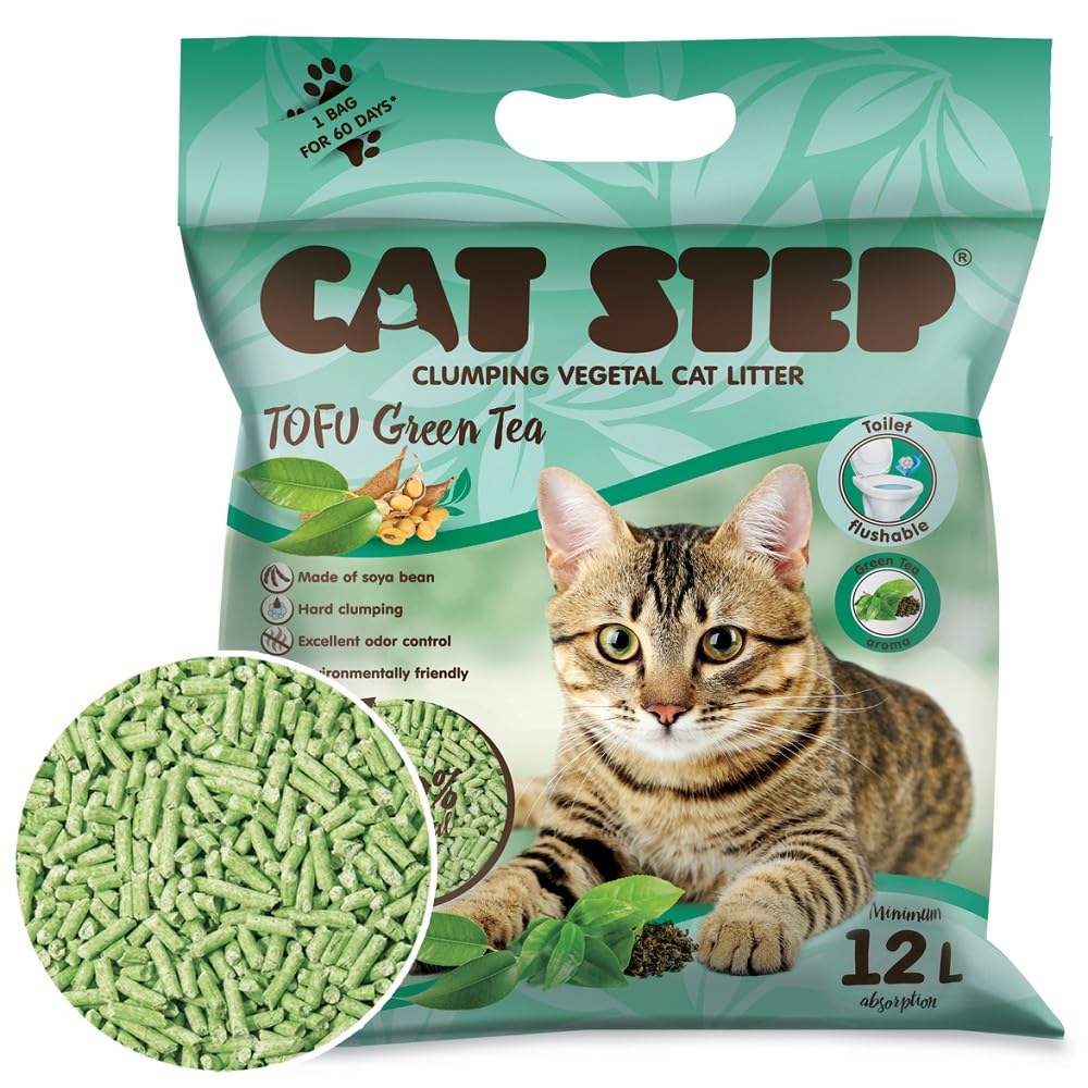 Cat Step Arena de té verde para gatos de tofu, respetuosa con el medio ambiente, sin grumos, biodegradable, control de olores, sin químicos, 5,4 kg