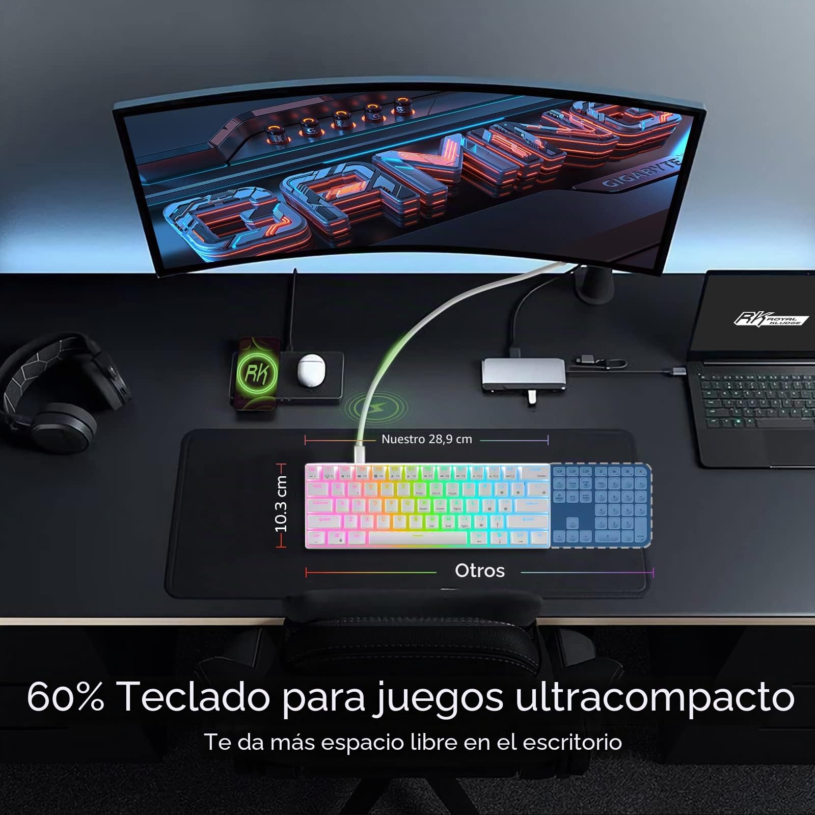 RK ROYAL KLUDGE RK61 QMK/Via Teclado Mecánico 60% Teclado Gaming con Cable RGB Interruptor Rojo Hot Swap US Layout Compatible con Mac/PC/iPad/iOS, Blanco