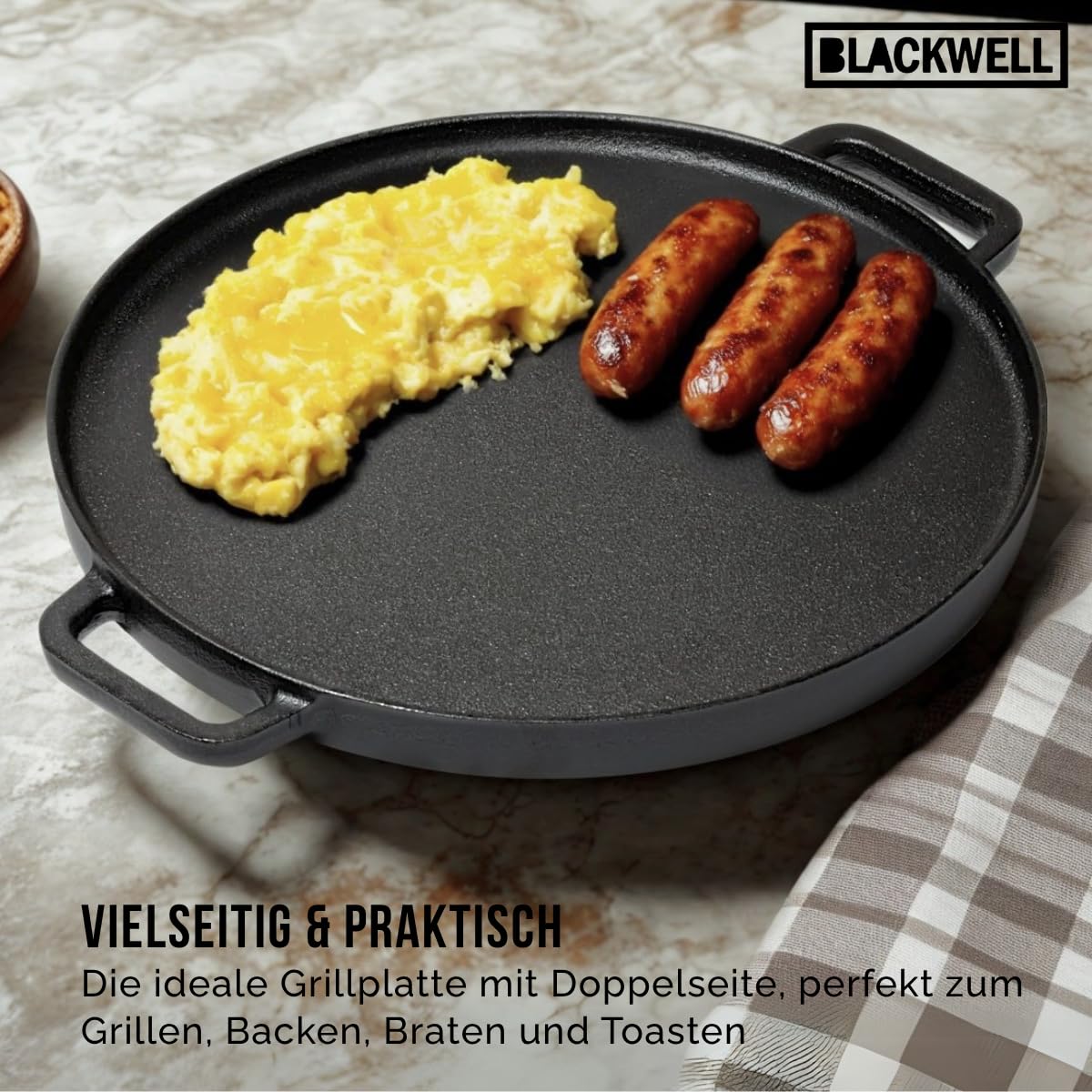 Blackwell Grillplatte 2-seitig | Grillpfanne Ø 30 cm | Gusseisen | Schwarz | Für alle Herdarten, Grill und Backofen geeignet