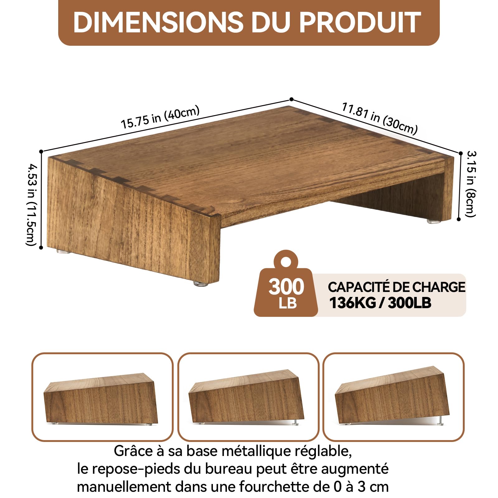 KIRIGEN Repose-pied en bois, repose-pieds de bureau réglable, brun | 40 × 30 cm, base 8/11,5 cm, 4 pieds réglables de 0 à 3 cm, bois massif, livré monté, finition à l’huile végétale
