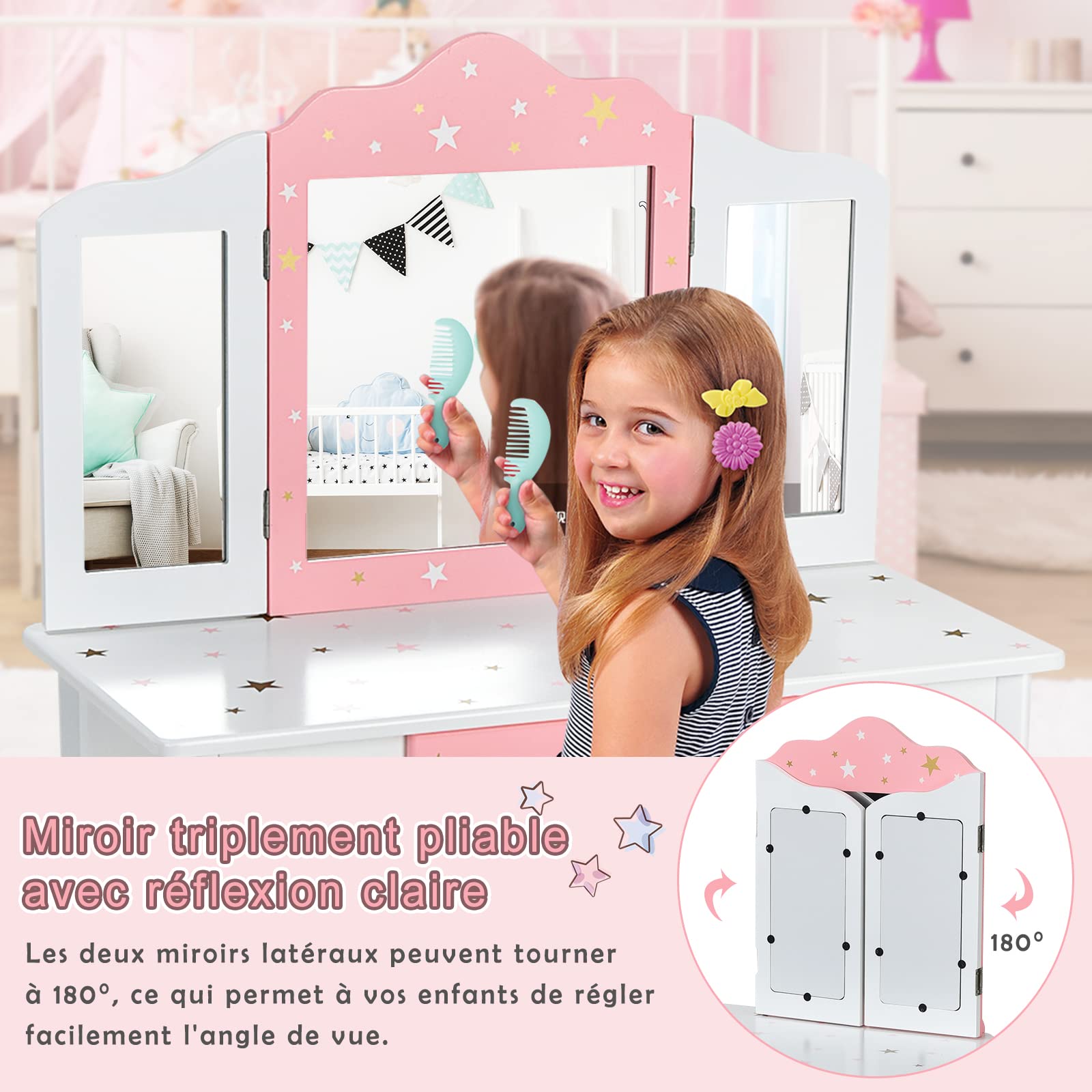 Coiffeuse Princesse DREAMADE 2 En 1 Avec Tabouret - Miroir Pliable - Tiroir De Rangement - Blanc étoilé