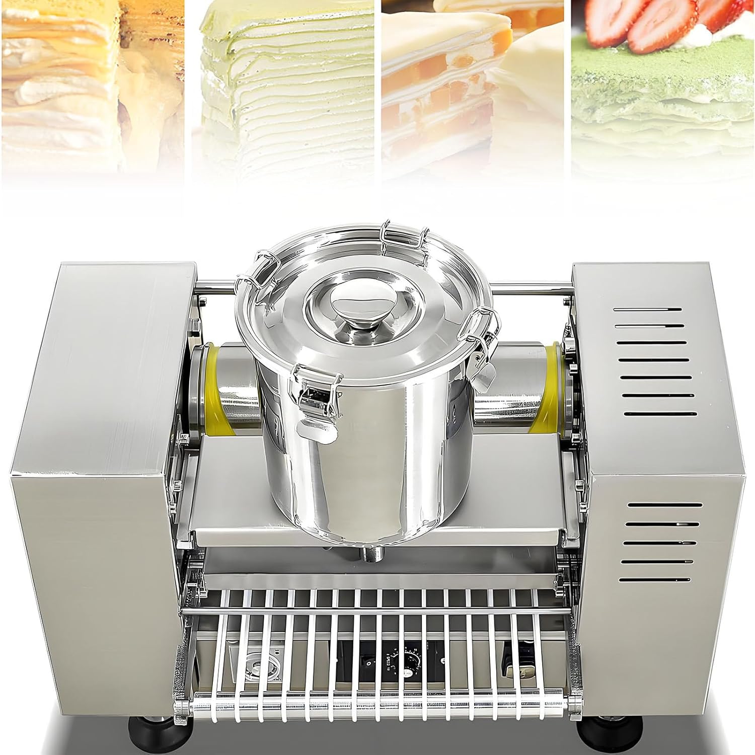 Electric Crepe Maker Machine Includes Stainless Steel Bucket Conveyor Belt Dough Roller Tray Uniform Thickness Pancake Thickness 1mm 100-300 Pieces/Hour Pancake Maker 8in