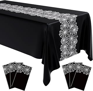 Breling Halloween 6 Pcs Spider Web Rectangular Tablecloths Waterproof Wrinkle Resistant Spider Web Pattern Tablecloths for Halloween and Holiday Banquet Parties Kitchen Dining Room (Black)