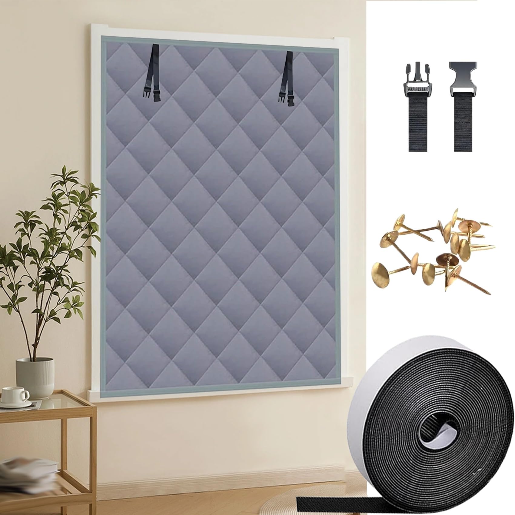 Fenster Isolierfolie 155 x 135 cm, Sonnenschutz, Thermorollo, Tragbare Reise, Anti-Uv, Hitzeschutz, Wärmende Baumwollvorhänge, mit Klettband für Wohnmobil, Grau