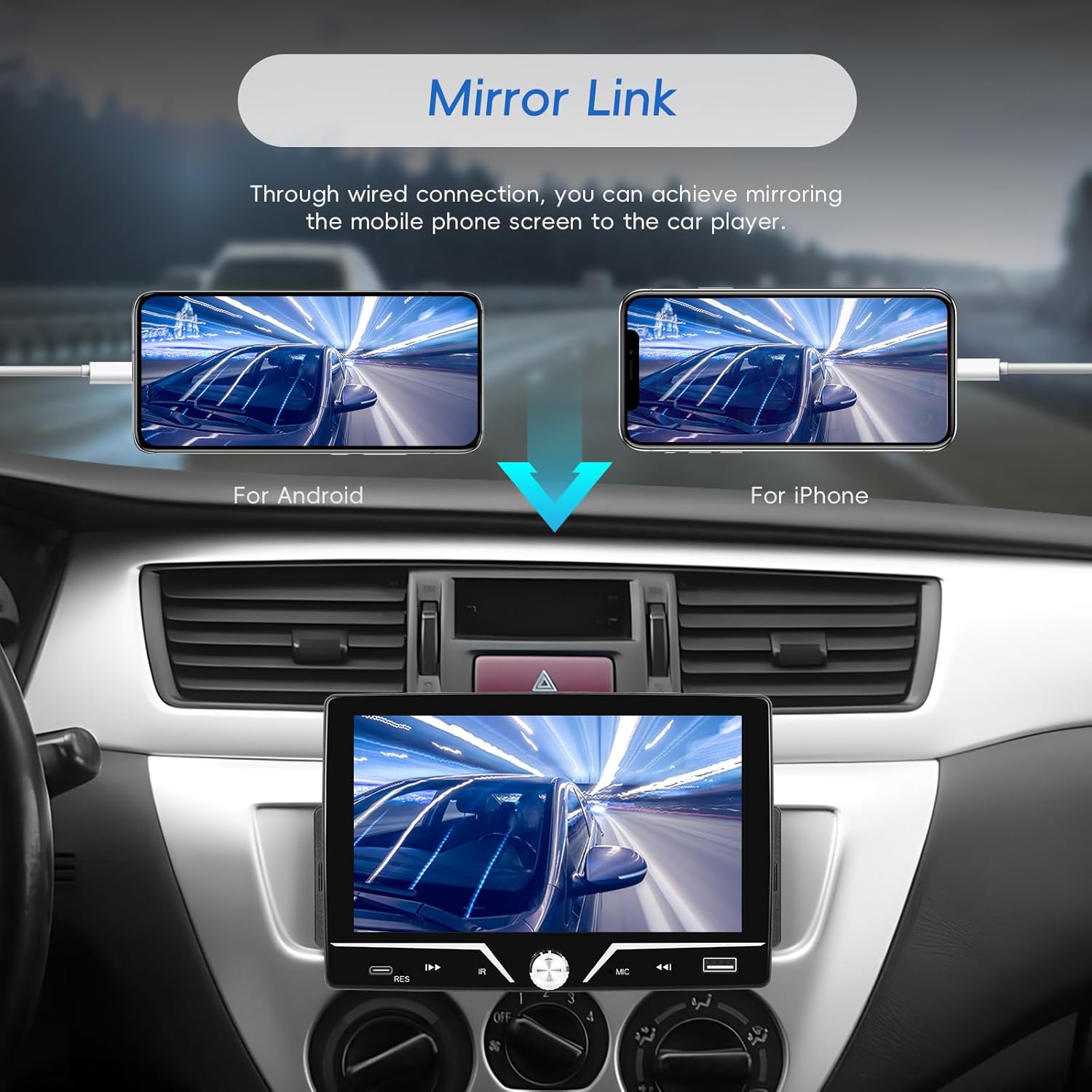 Two smartphones (Android and iPhone) connected via USB cables to the car stereo, with their screens mirrored onto the stereo display.