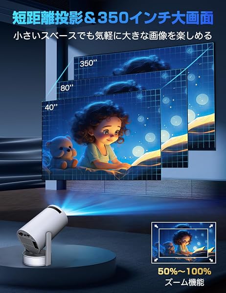 プロジェクター 家庭用 小型【2026音質強化バージョン・外部スピーカー・HDR高ダイナミック画質】27000LM 270°回転 高輝度 1080P 天井投影 Wi-Fi6 大画面 Android TV搭載 Bluetooth5.4 HiFiスピーカー 自動台形補正 ズーム機能 短距離投影 軽量 静音 HDMI/スマホ/PC/DVDなどに対応 プレゼントに最適 ホームシアター - 5