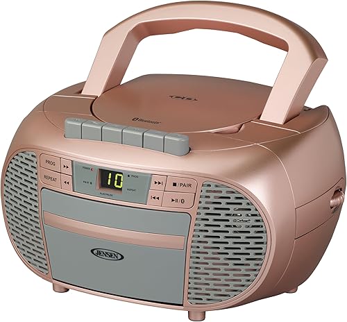 JENSEN CD-550BT-RG Grabadora de casete de CD Bluetooth estéreo portátil con radio AMFM - Reproductor de radio compacto habilitado para Bluetooth con