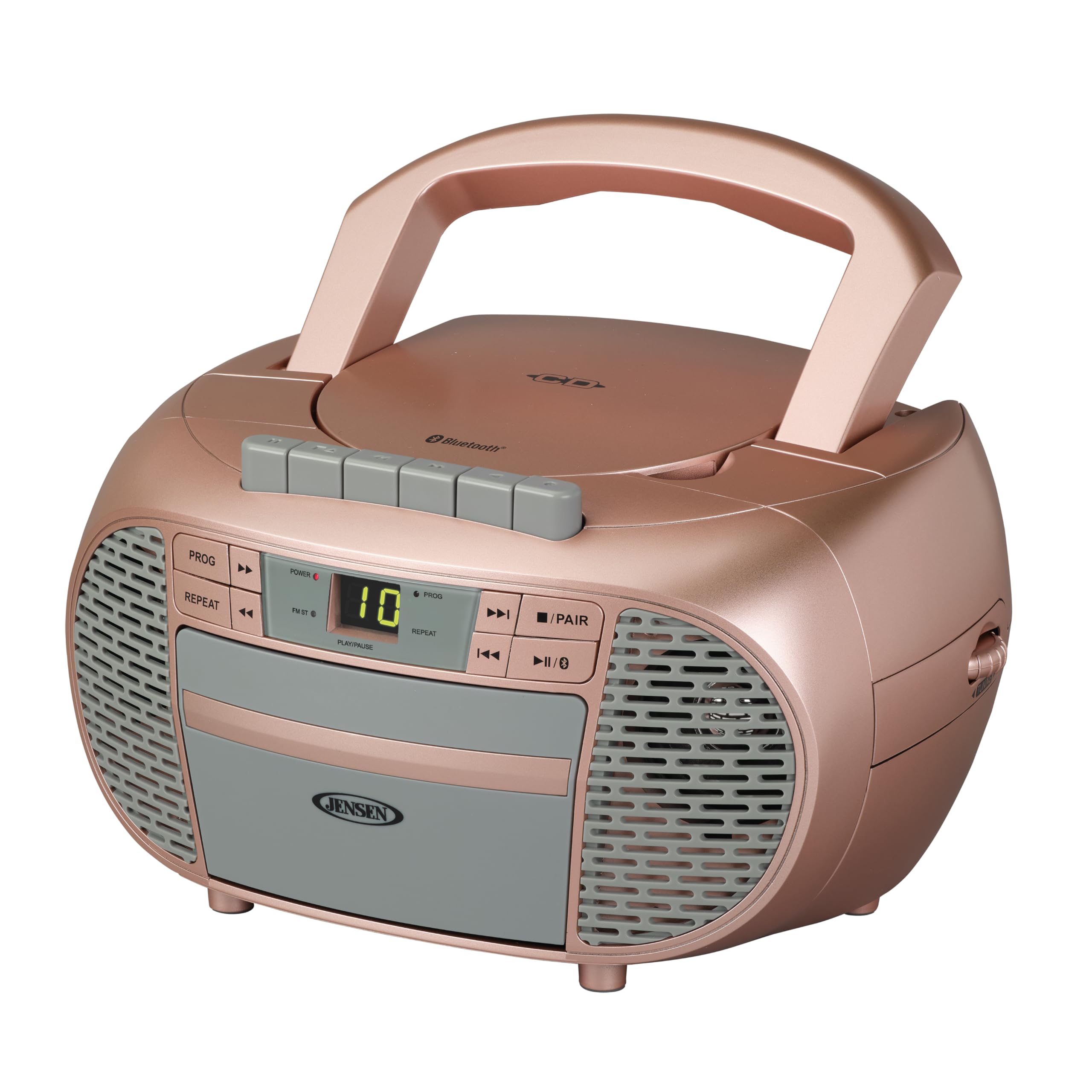 JENSEN CD-550-RG Portable Stereo Bluetooth CD Cassette Recorder with AM/FM Radio – Compact Bluetooth-Enabled Radio Player with Handle – Rose Gold