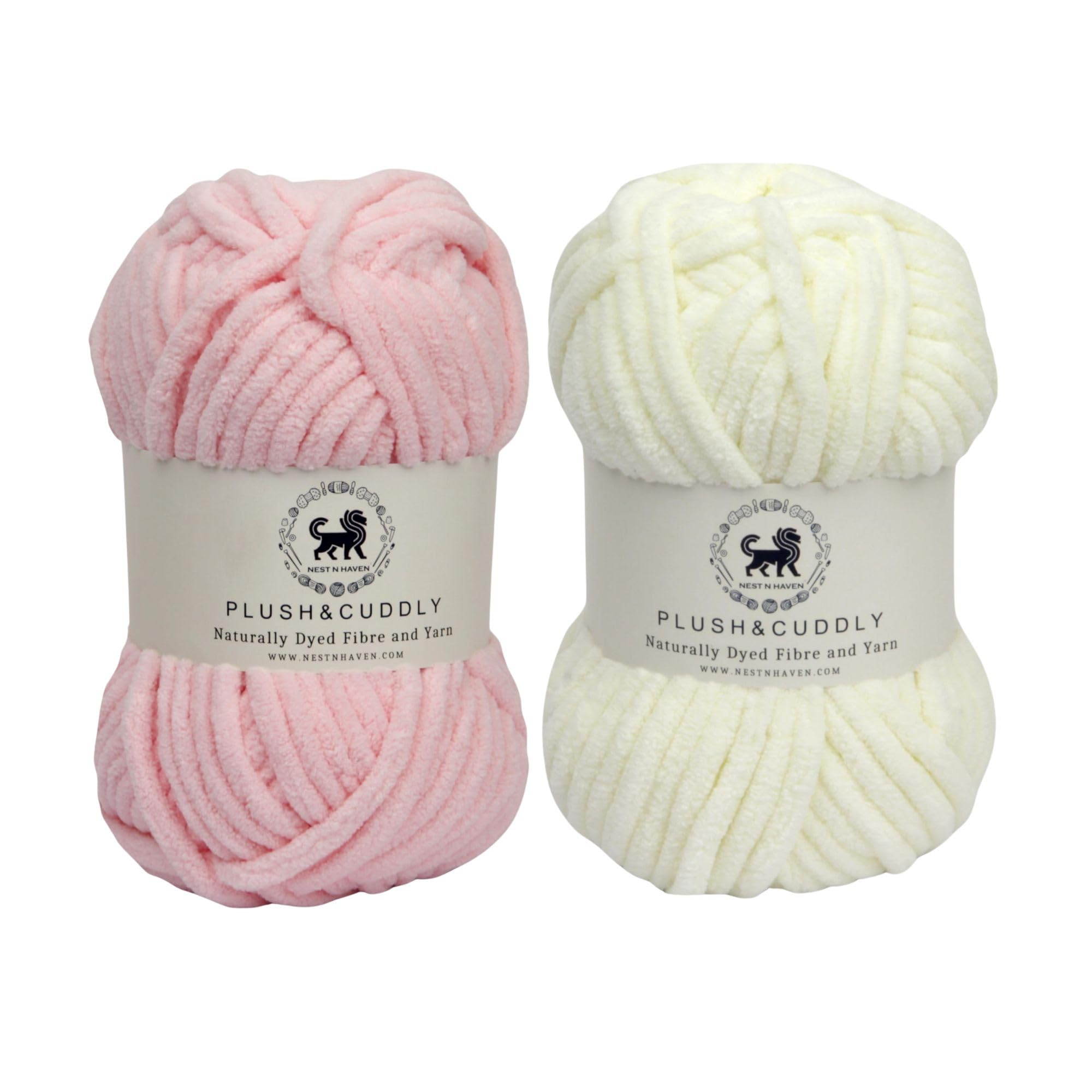 NESTNHAVEN Wool Plush & Cuddly, Chenille Yarn Hand Knitting Wool Ball (1 Ball/100 Gram Each) Ideal for Craft, Babywear, and Baby Blankets, Shade no - NNHB0031 (Baby Pink) & NNHB0031 (Off White)