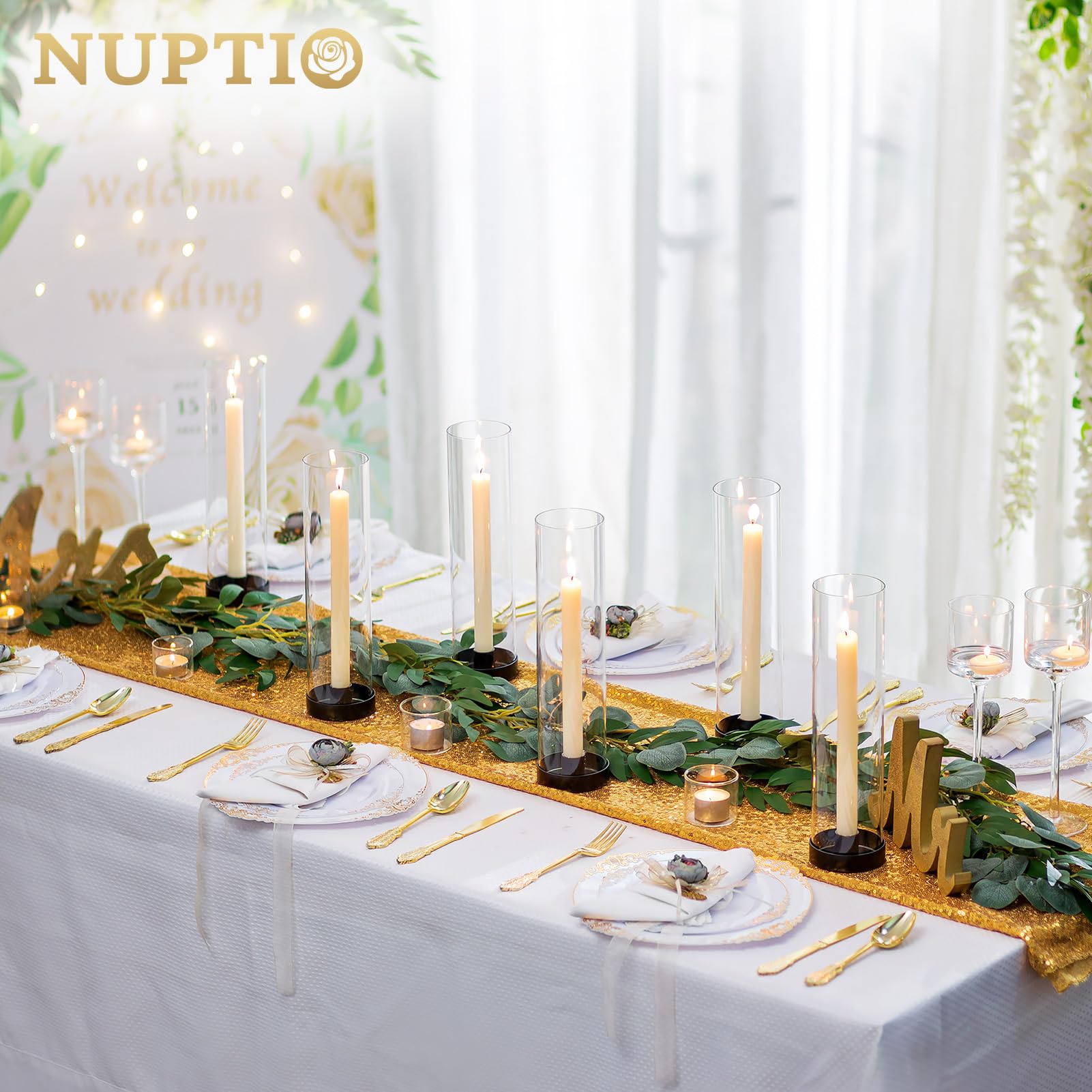 NUPTIO Uragano Portacandele Nero: 2 Pezzi di Vetro Metallo Portacandele per Candela Cero Bastone 30cm Alto Chiaro Aperto Finito Portacandele Cilindro Ombra Festa Matrimonio Centrotavola Per Tavoli