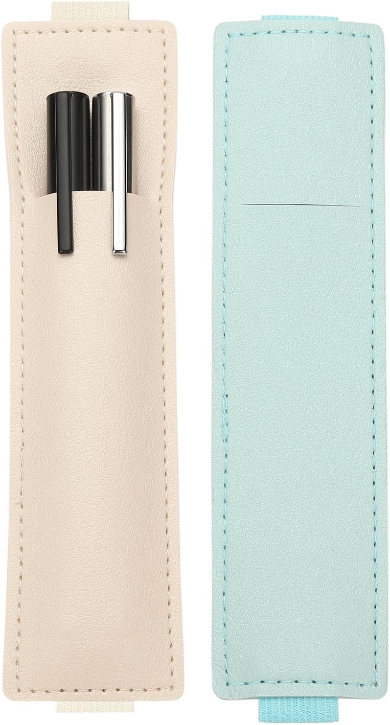 PATIKIL 2Pcs Elastic Notebook Pen Holder, Adjustable Hold 2 Pen Holder PU Leather Pencil Sleeve Pouch for Journal Clipboard Planner Books, Light Blue/Beige