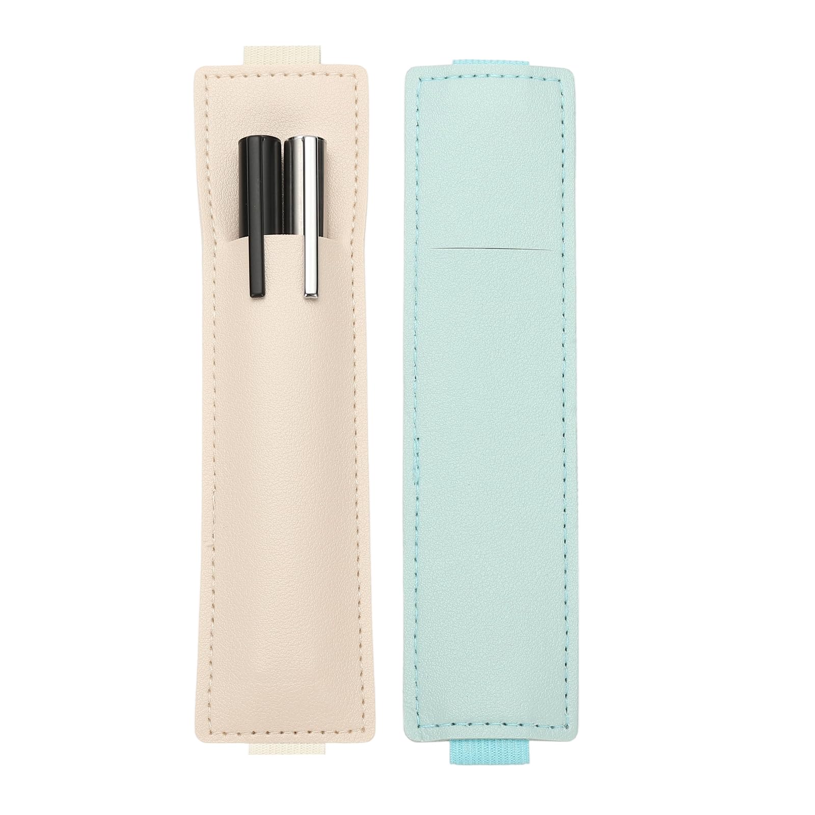 PATIKIL 2Pcs Elastic Notebook Pen Holder, Adjustable Hold 2 Pen Holder PU Leather Pencil Sleeve Pouch for Journal Clipboard Planner Books, Light Blue/Beige