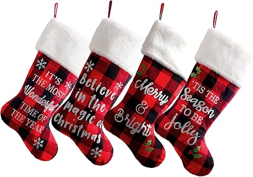 Miniatura 8 de Paquete de 24 mini medias de Navidad, 7 pulgadas, cuadros rojos de búfalo, decoraciones colgantes para chimenea de chimenea, decoración navideña