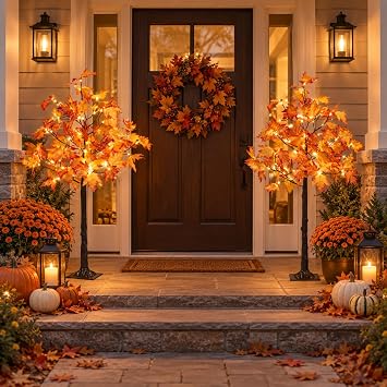 LIGHTSHARE 2PCS 4FT 144LED72LED Each Artificial Lighted Maple Tree Warm White Halloween Fall Decorations Indoor Outdoor, Orange