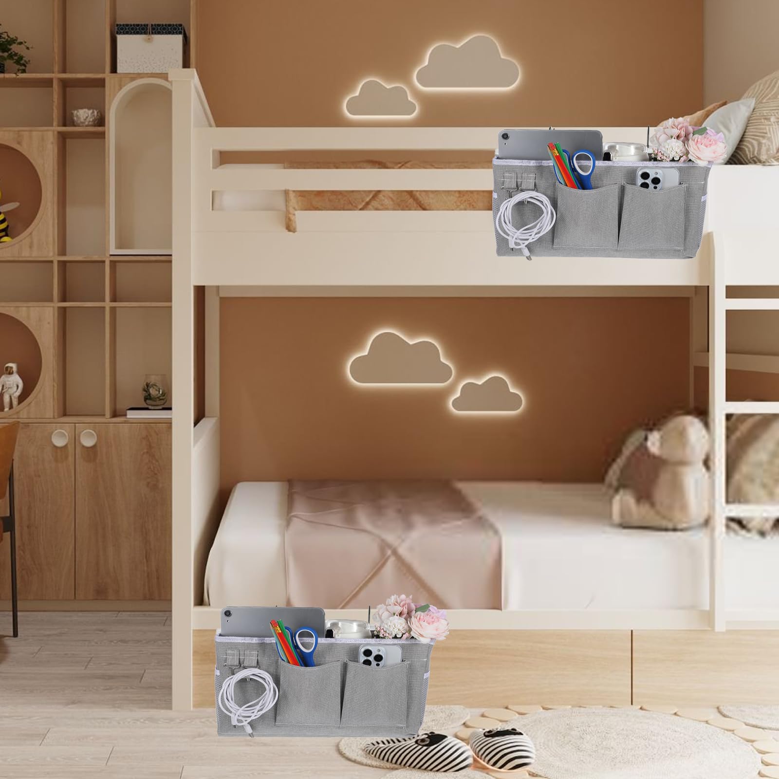 2 Pcs Bedside Caddy Storage Organizer/Bedside Storage Bag - Hanging Bag Holder with Pockets for Bunk and Hospital Beds, Dorm Rooms Bed Rails, Can be Placed Glasses, Books, Mobile Phones, Keys (Gray)