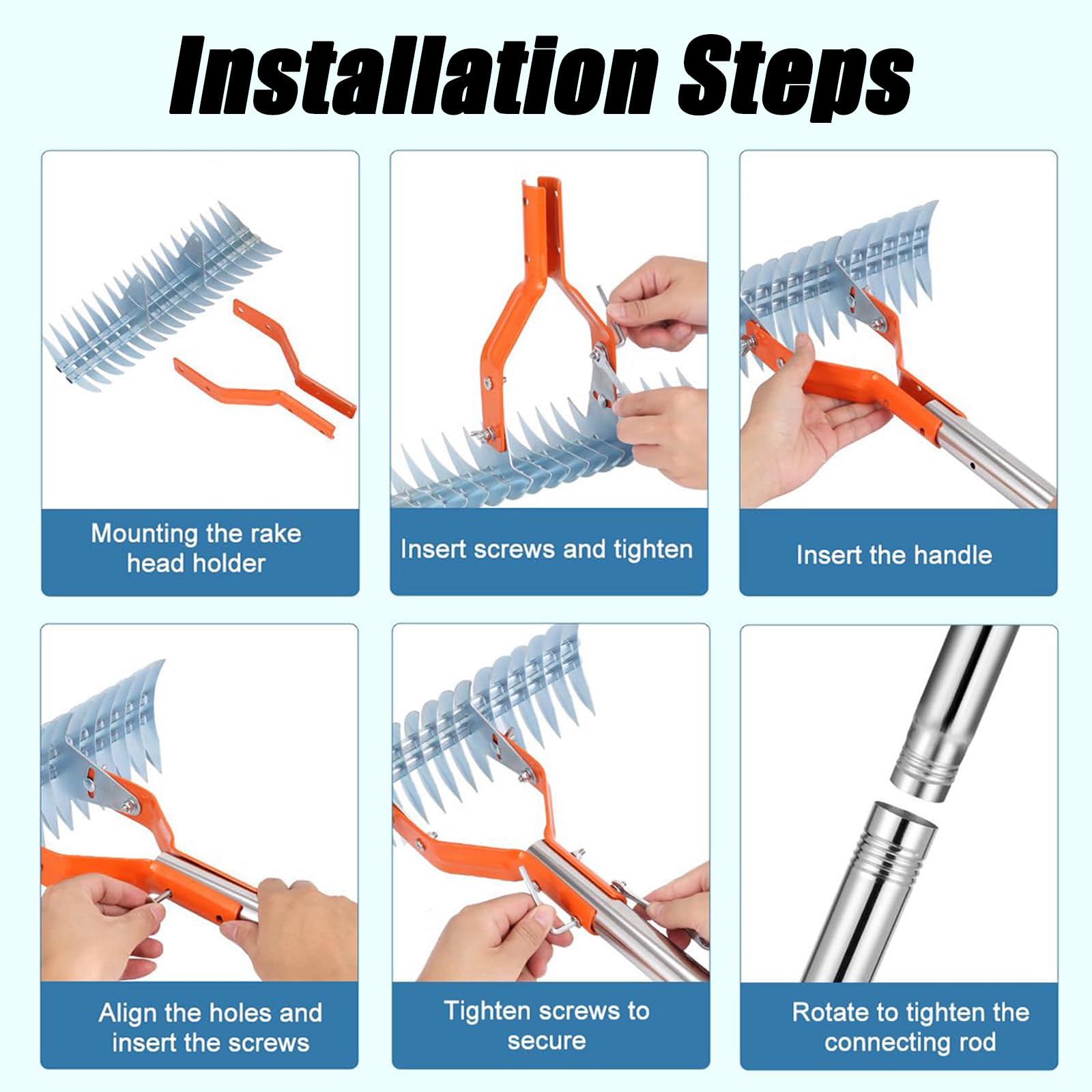 Rastrello scarificatore manuale da 37 cm, con manico regolabile e testa in metallo, perfetto per la cura del prato, la manutenzione del giardino e l'aerazione del cortile