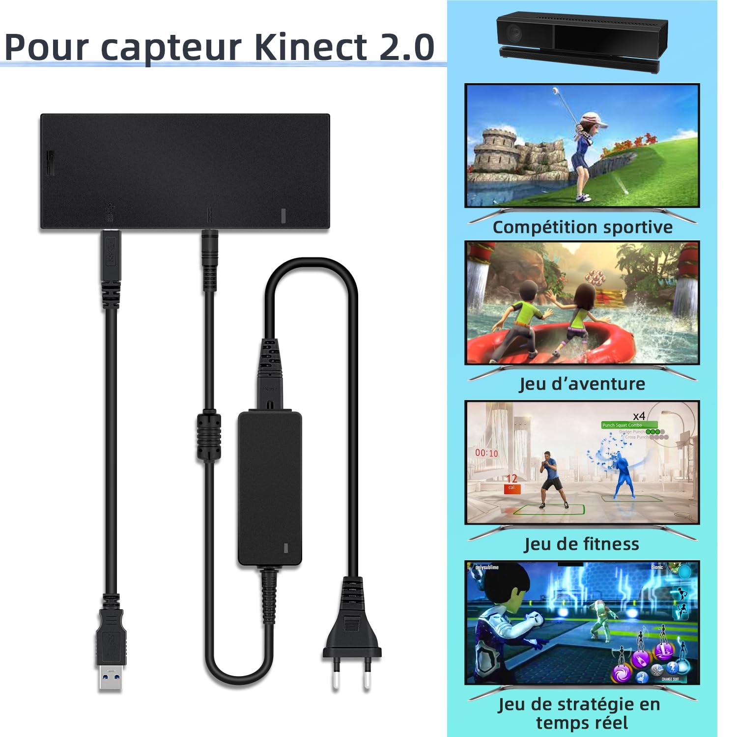Mcbazel Adaptateur Kinect pour Xbox One S/X de Capteur pour Adaptateur de Capteur avec Alimentation Compatible avec Xbox One Slim/Xbox One X/PC - Prise UE
