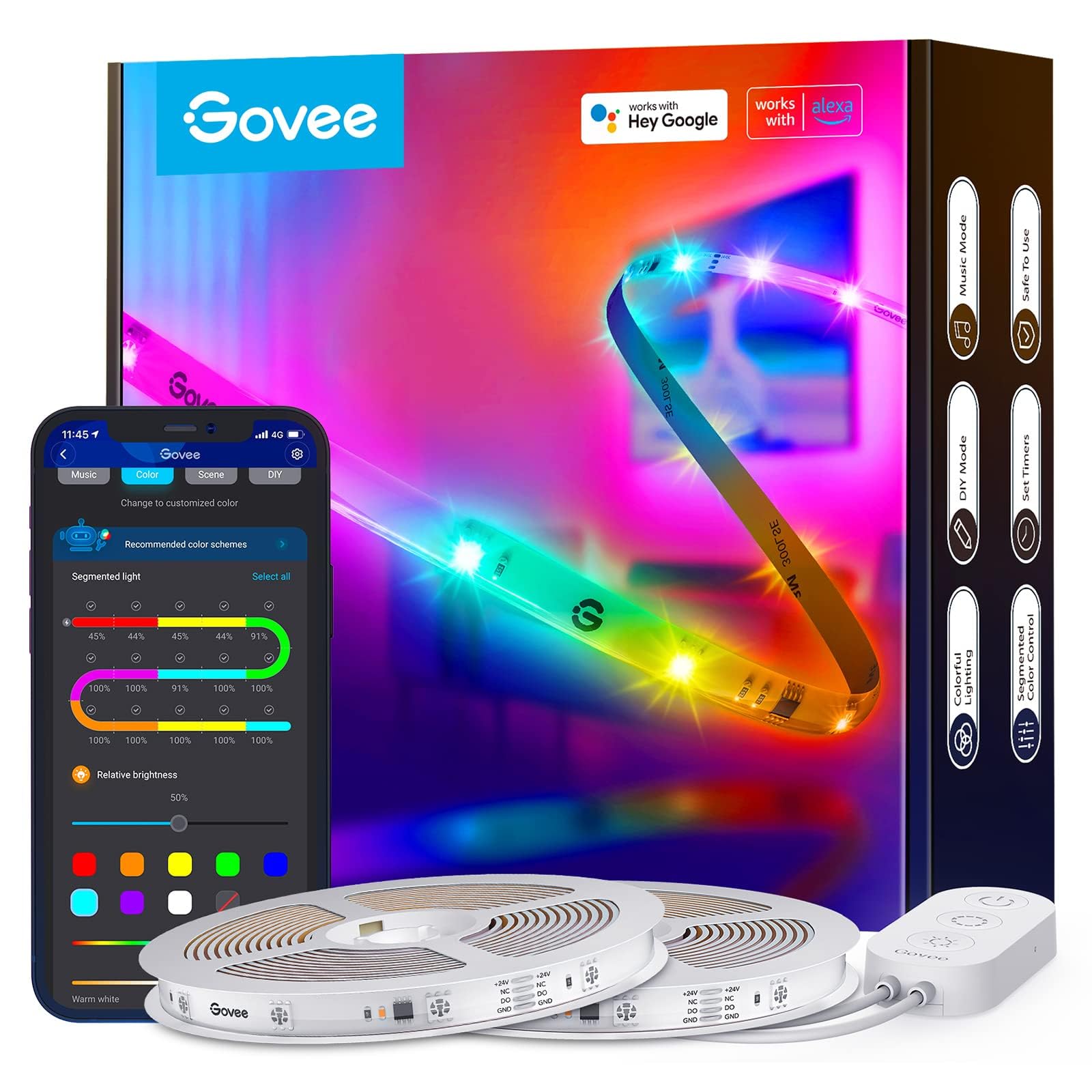 Govee RGBIC LED Strip Light, 20m Smart WiFi App Control, Google Assistant Compatible, Music Sync LED Lights, 2 Rolls of 10M