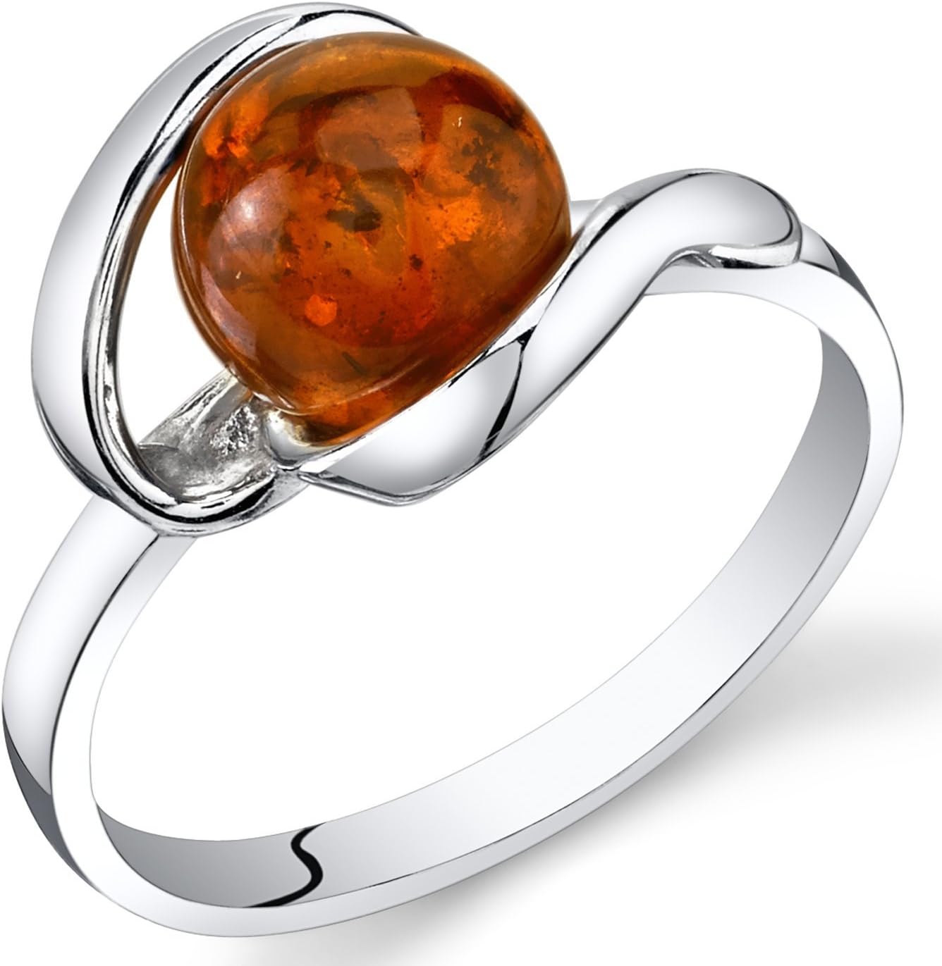 PEORA Genuine Baltic Amber Ring for Women in Sterling Silver, Rich Cognac Color, Designer Open Spiral Solitaire, Comfort Fit, Sizes 5 to 9