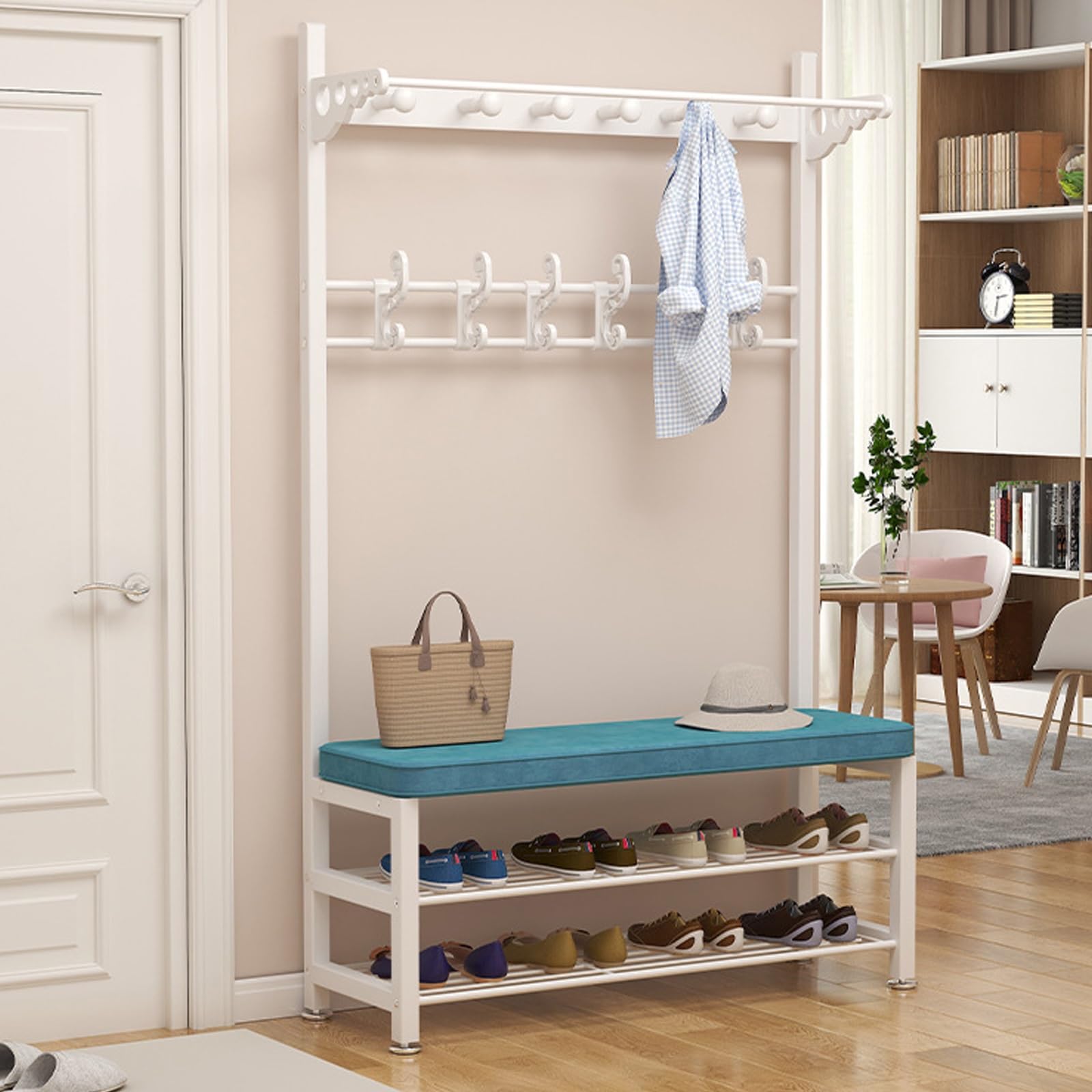 Porte-manteau bleu avec coussin moelleux et grande capacité de rangement