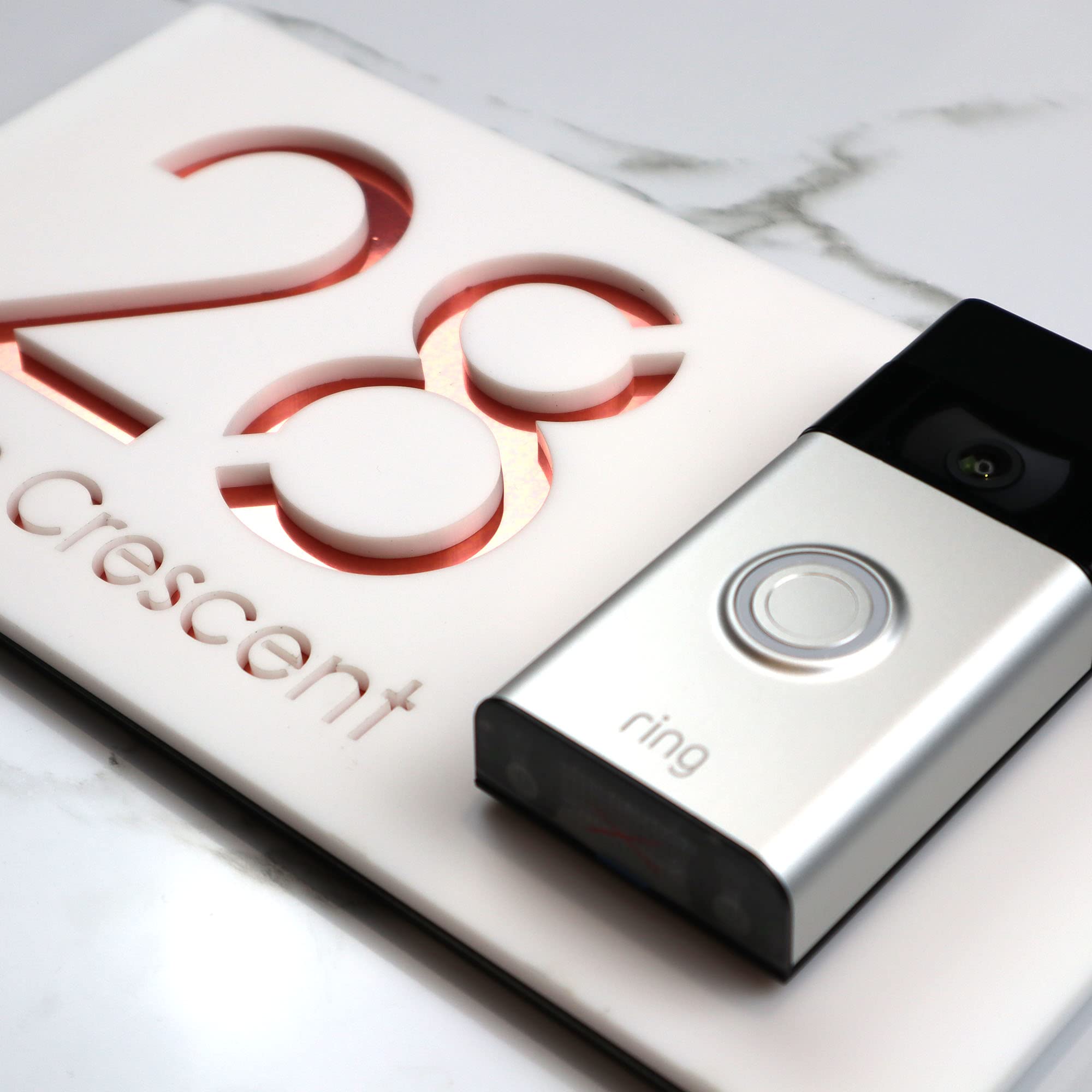 K Smart Sign | Left Text F31 | Bellissima Video Doorbell house sign door number plaques for Nest Ring Wifi doorbell plate mount | Matt White | 300mm x 160mm (Matt White & Rose Gold Mirror)