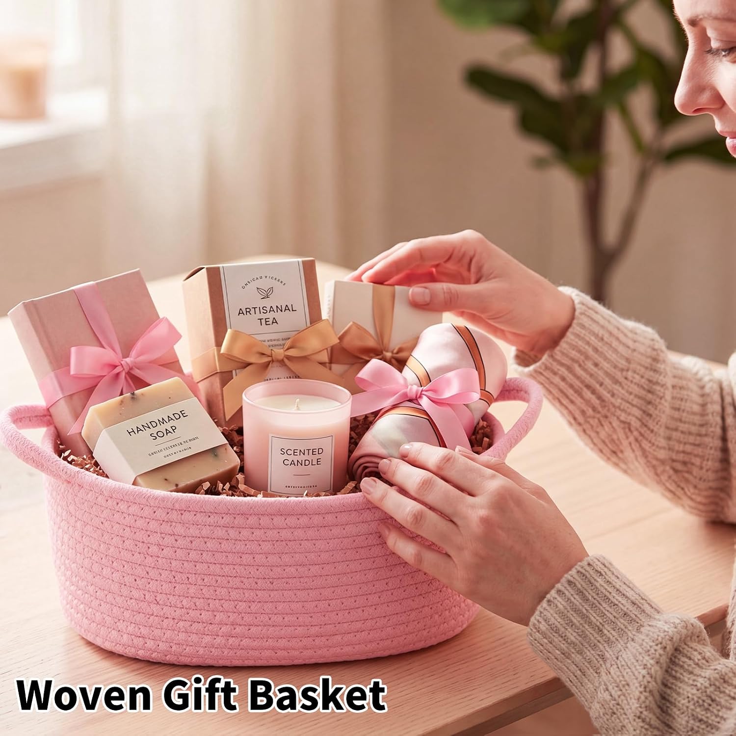 Baby Gift Basket Empty with Handle 13"x 8"x 5.5" Woven Cotton Rope Basket for Gifts Empty Baby Shower Nursery Toy Storage Girls Living Room Bedroom Bathroom