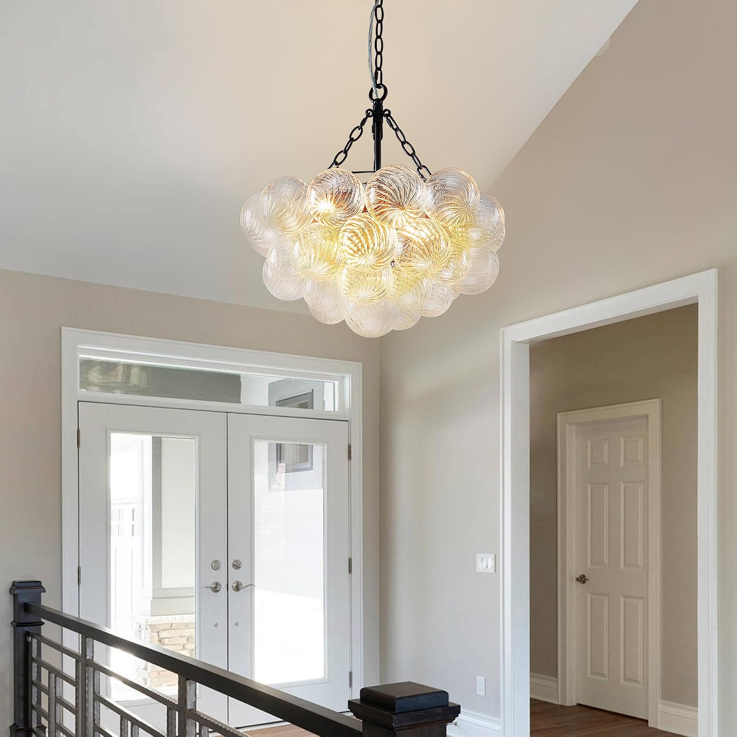 Longree Bubble Glass Ball Chandelier Black Finish Light Fixtures 20" Dia Swirled Clear Blown Glass Globe Chandeliers Small Pendant Lights for Dining Room Kitchen Bathroom Entry Bedroom