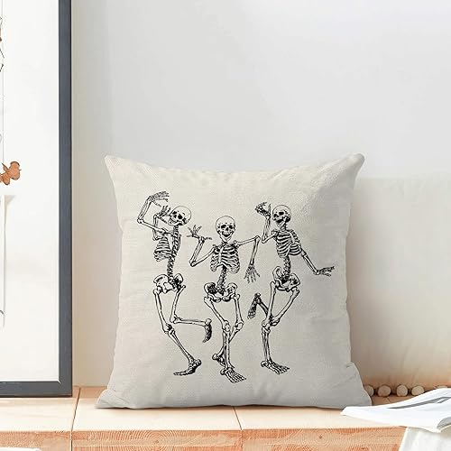 Miniatura 4 de Juego de 2 fundas de almohada de Halloween de 16 x 16 pulgadas, diseño de esqueleto de calavera de Halloween, almohadas decorativas de lino,