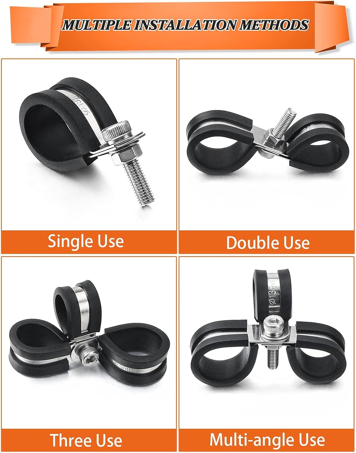 44PCS Cable Clamps Assortment Kit, Camtek Stainless Steel Rubber Cushion Pipe Hose Clamps Rubber Cushioned Fuel Line Hose Water Pipe Air Tubing - 5 Sizes 1/4'' 5/16'' 3/8'' 1/2'' 5/8''