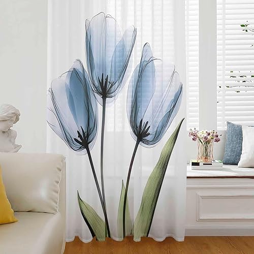 Cortinas traslúcidas florales de tulipán azul, 84 pulgadas de largo, panel de cortina de gasa con estampado de flores botánicas filtrantes de luz,