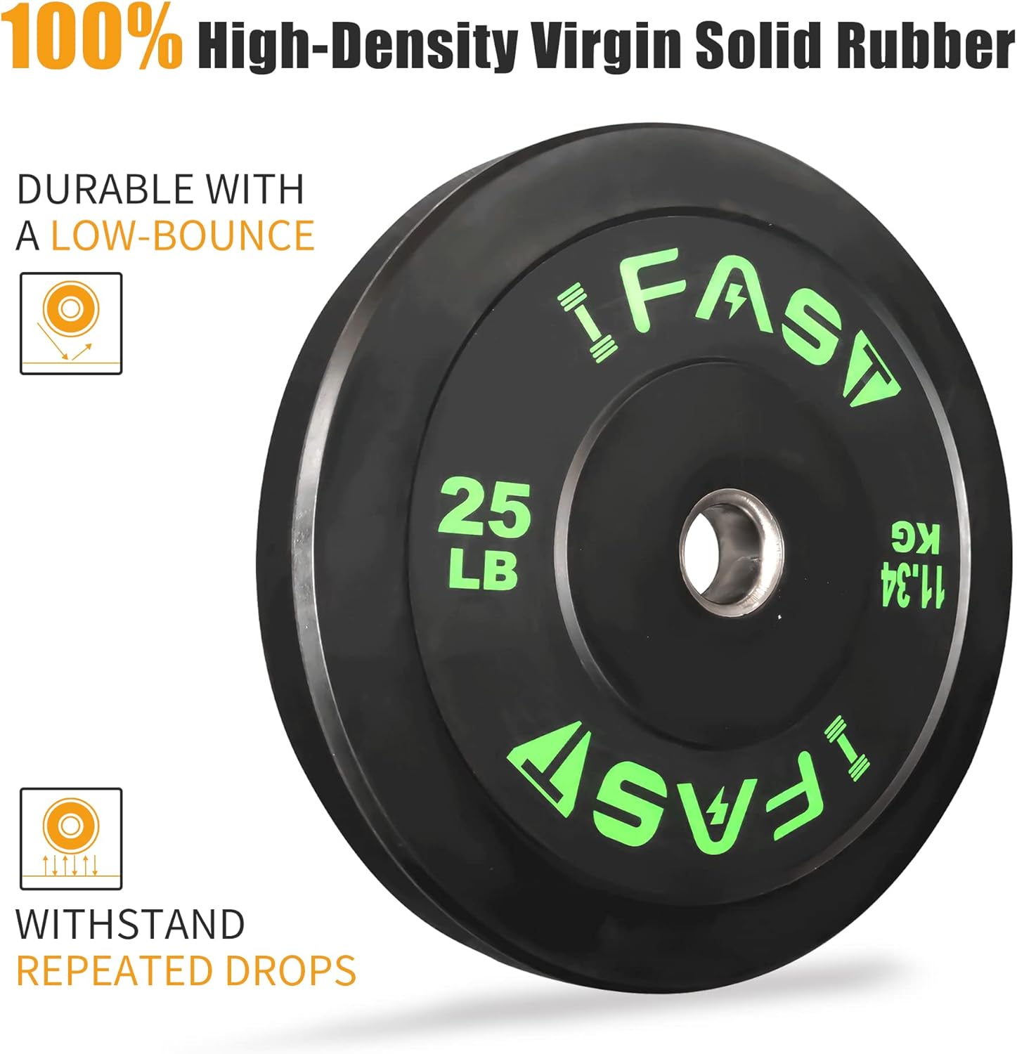 IFAST Olympic Bumper Weight Plates, Rubber Plate with 2-Inch Steel Insert Rubberized Weightlifting Barbell Plates 10LB/15LB/25LB/35LB/45LB/55LB, Pairs or Sets