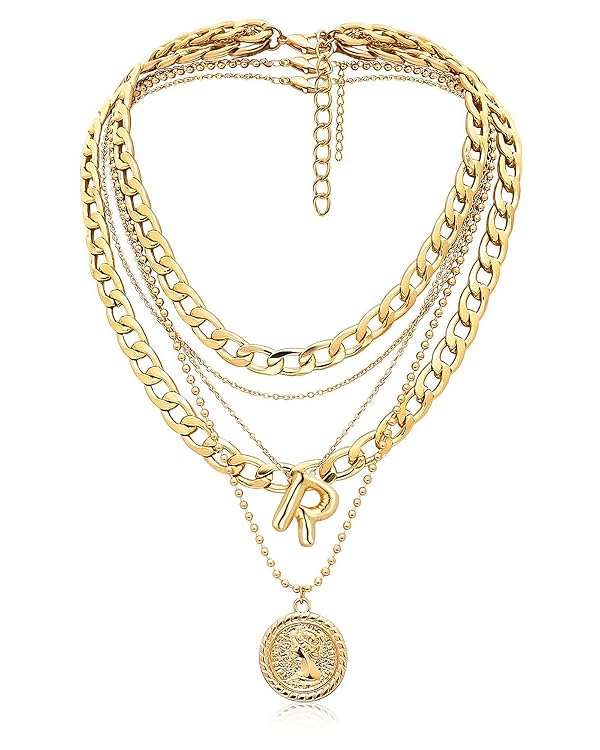 MJartoria Gold Layered Necklaces for Women Trendy Balloon Initial Pendant Necklace Dainty Chunky Chain Choker Necklaces Jewelry Birthday Gifts (R, Gold) by MJartoria - Used condition - US$13.42