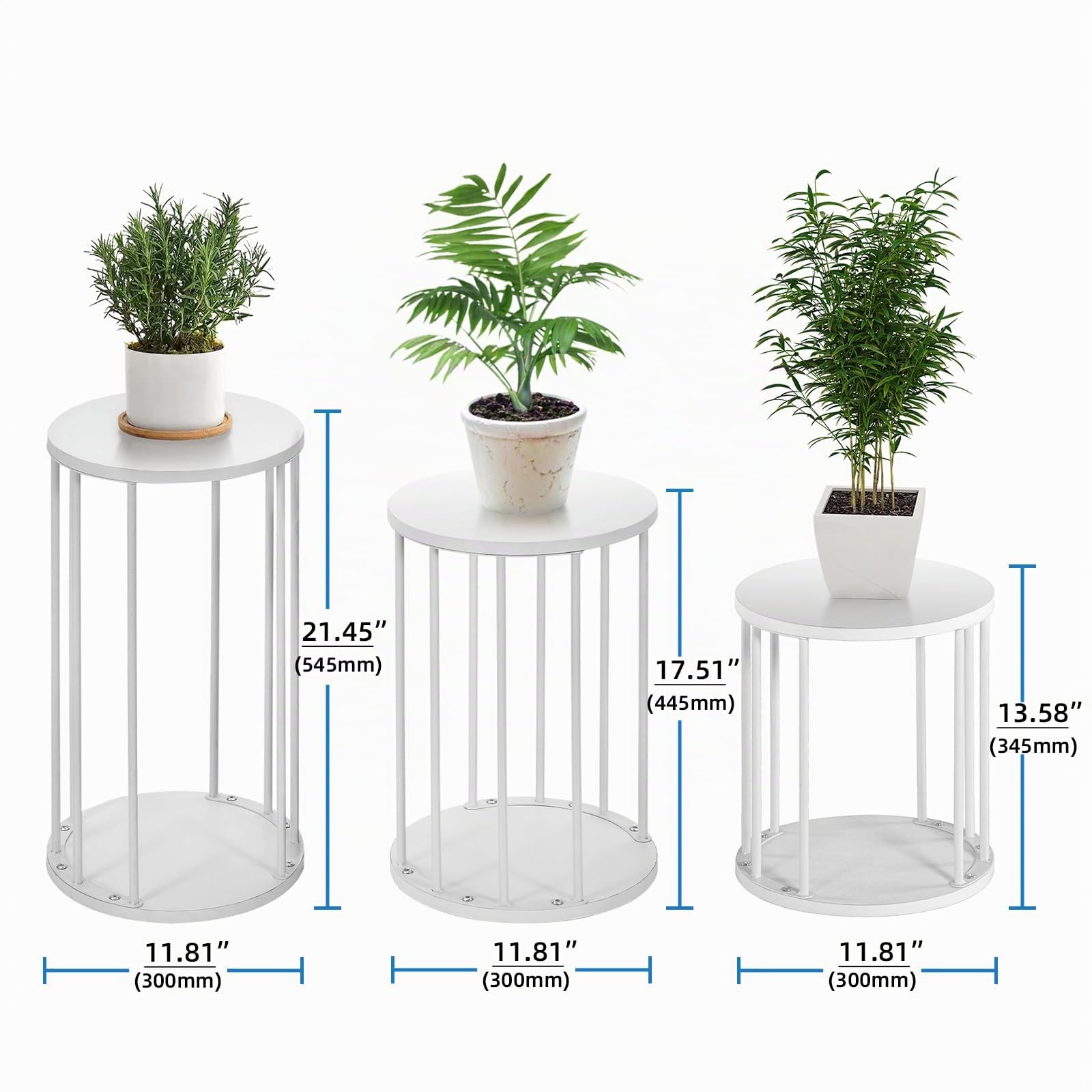 HDANI Juego de 3 Soportes Redondos para Plantas de Metal 35/45/55 cm,Soporte para Flores Sólido y Robusto para Salón,Jardín,Balcón,Taburete para Flores de Madera,Blanco