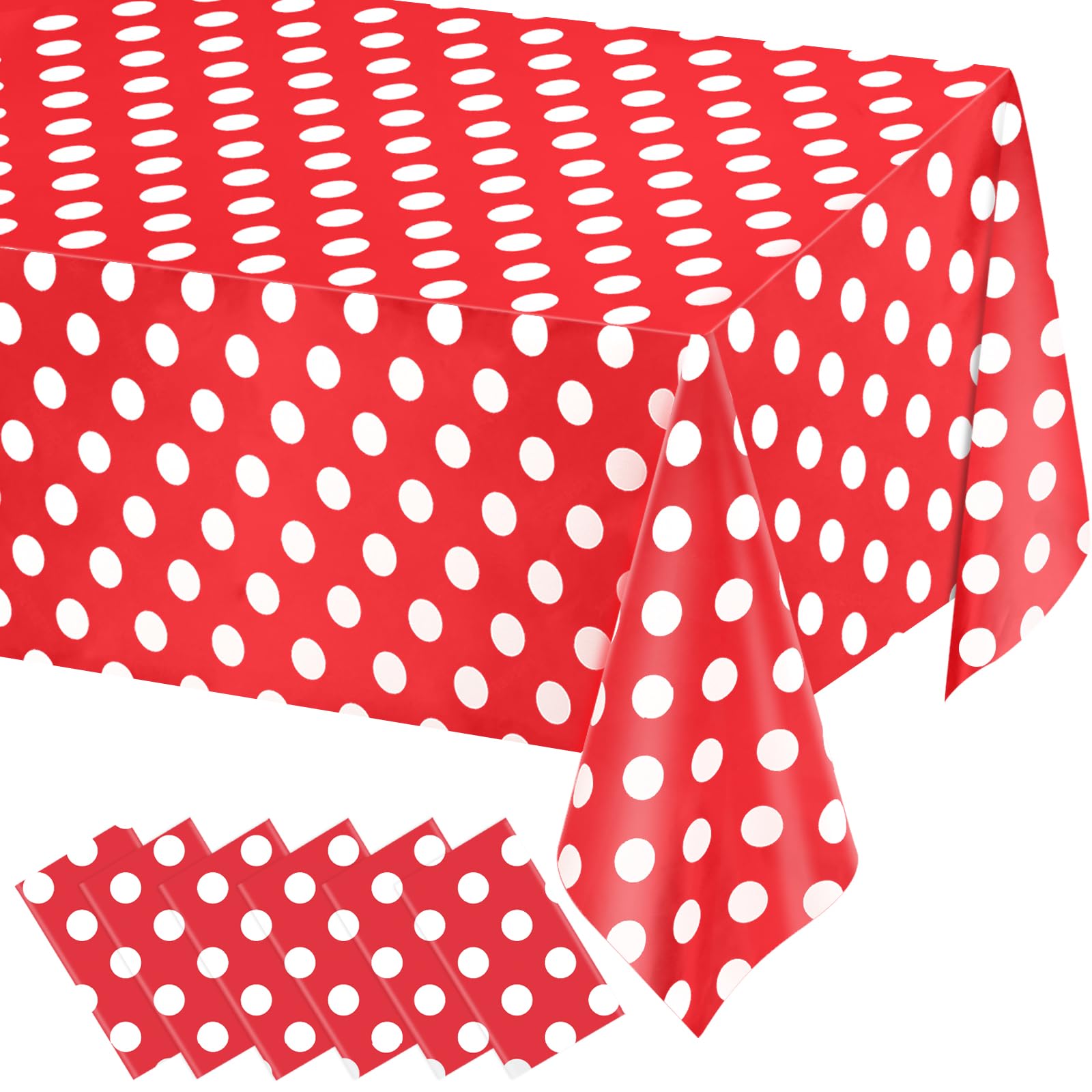 WNINK 6 Pack Red and White Polka Dot Tablecloths – Disposable Plastic Waterproof Table Cover, 54" x 108", for Birthday, Wedding, Bridal Shower, Bachelor Party, and Picnic