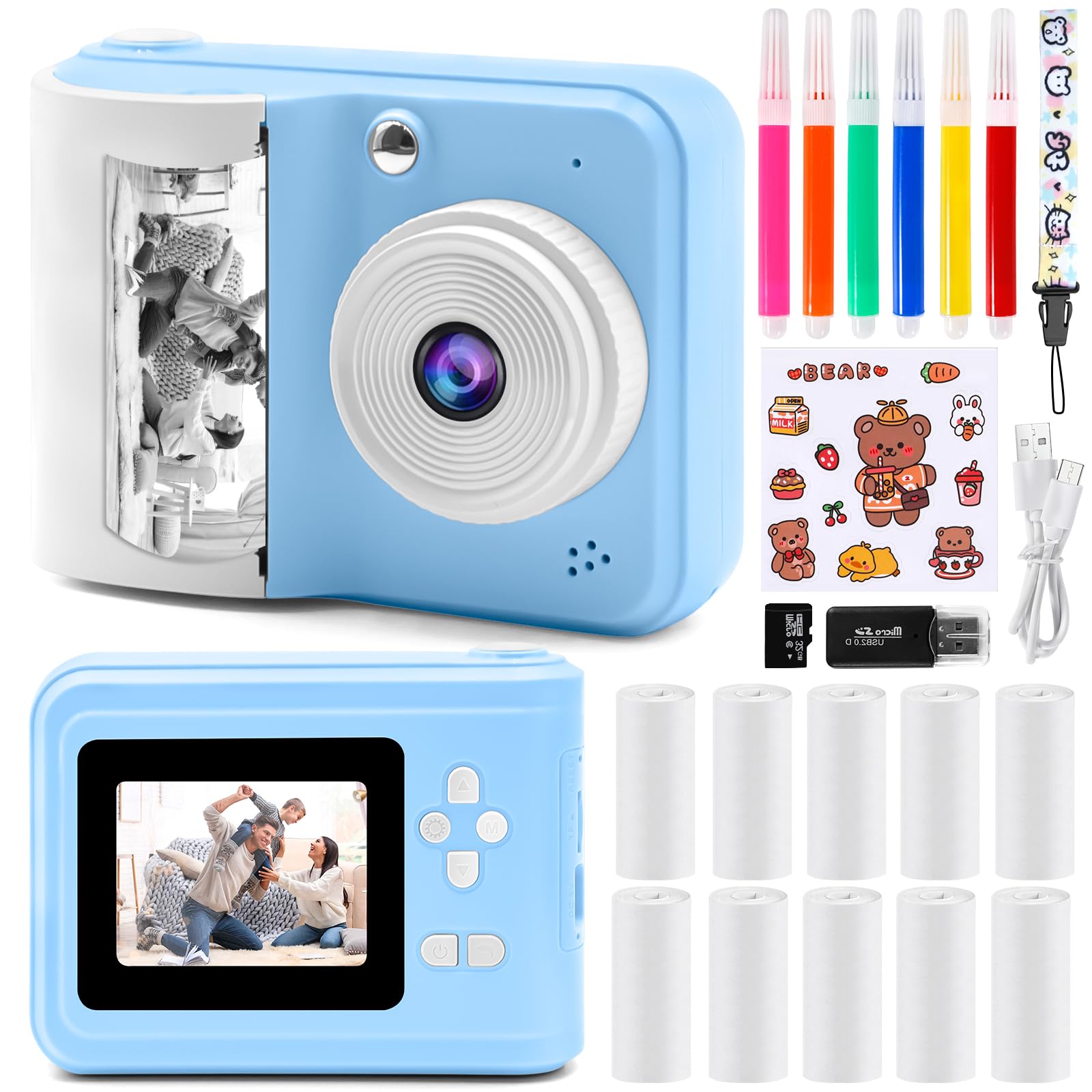 Fotocamera Digitale Istantanea con Carta da Stampa & Scheda TF 32G, Videocamera con Penne Colorate per Fai Da Te Cappelli Costume Accessorio Costume