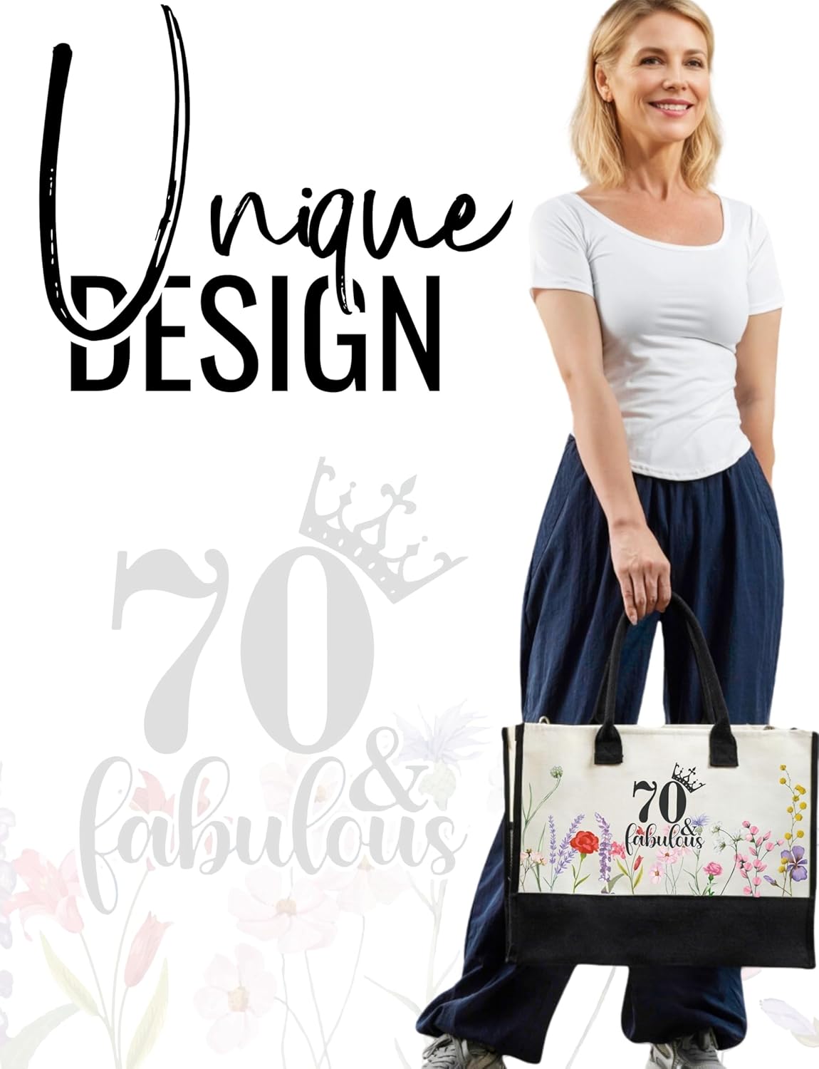 InnoBeta 70th Birthday Gifts for Women Canvas Tote Bag, Tote with Top Zipper Closure and Shoulder Strap for Birthday - Fabulous - Image 4