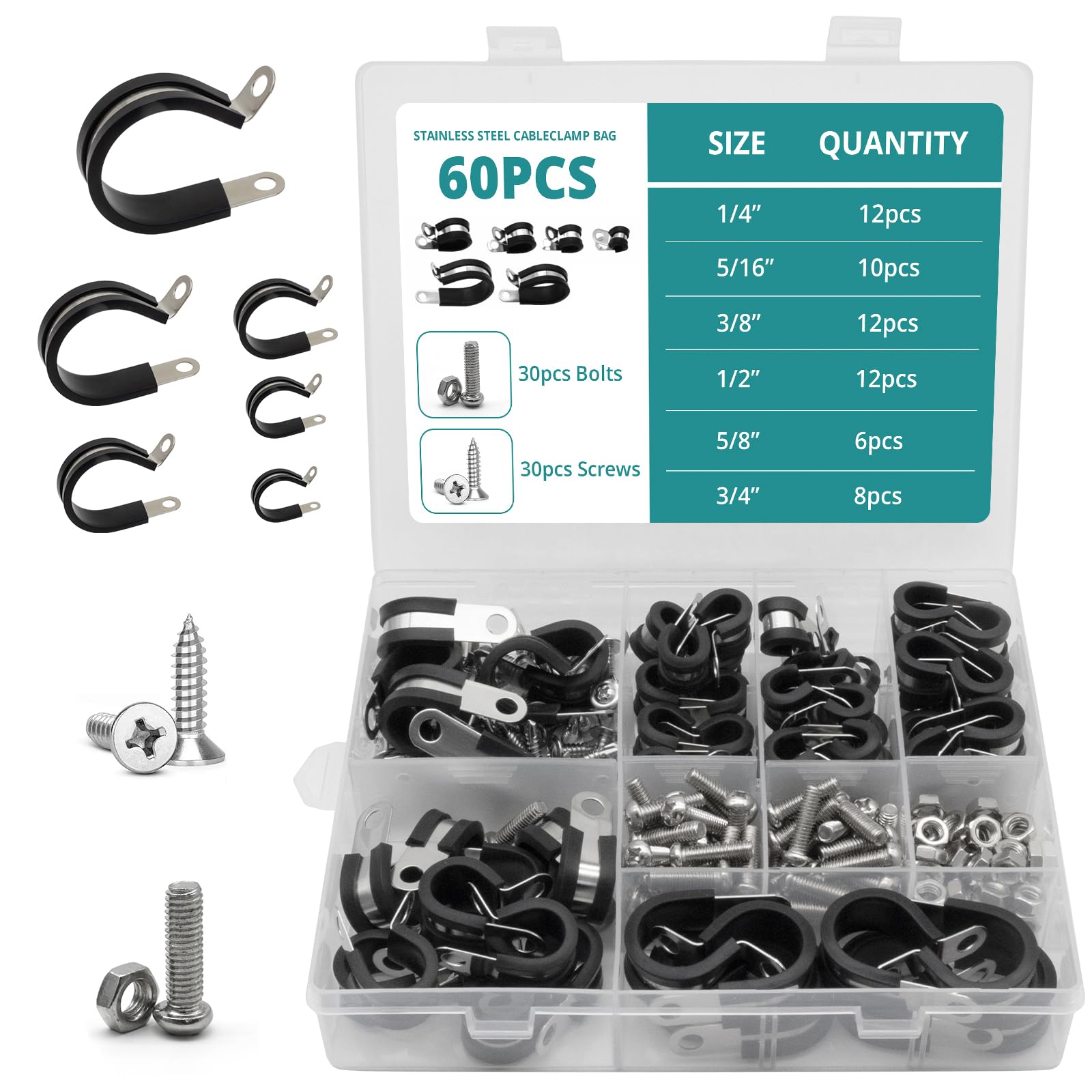 TOMSHIELE 60 PCS Cable Clamps Set, Rubber Insulated Hose Clamps, 6 Sizes-1/4", 5/16", 3/8", 1/2", 5/8", 3/4 ", Assorted Sizes for Versatile